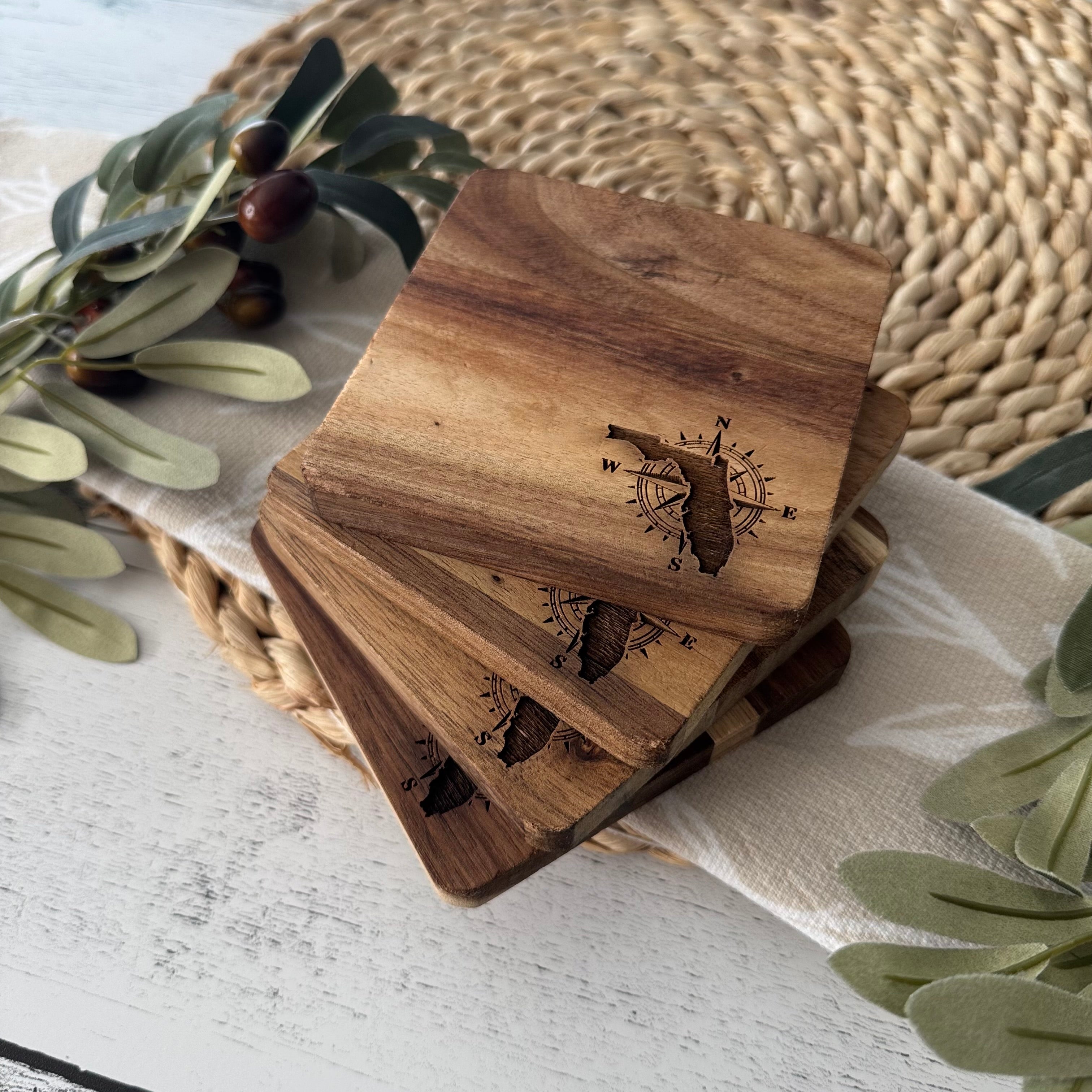Florida Engraved Wooden Acacia Coaster Set
