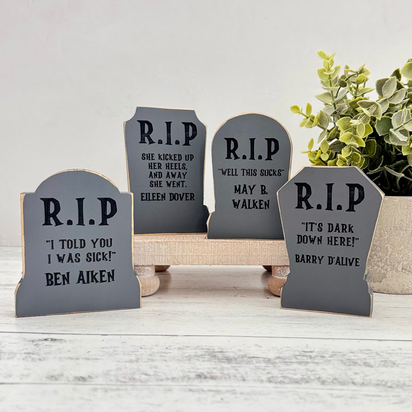 Chunky Wooden Funny Tombstone Shelf Sitters