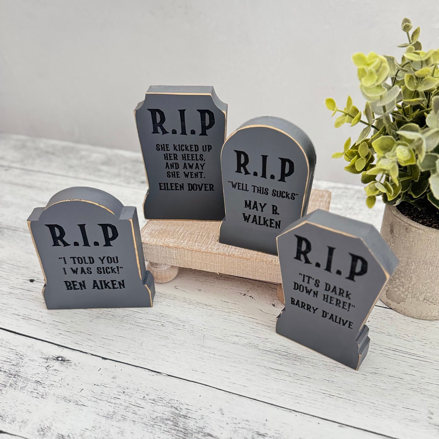 Chunky Wooden Funny Tombstone Shelf Sitters