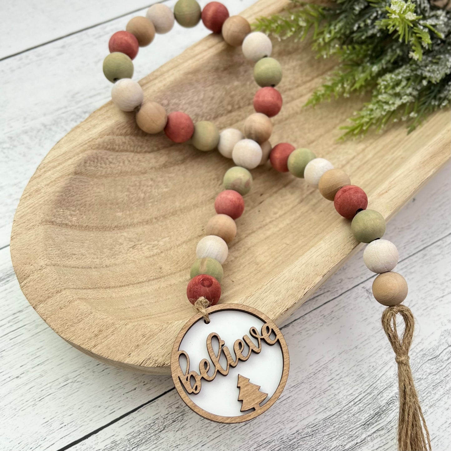 Country Christmas Themed Wooden Bead Garland