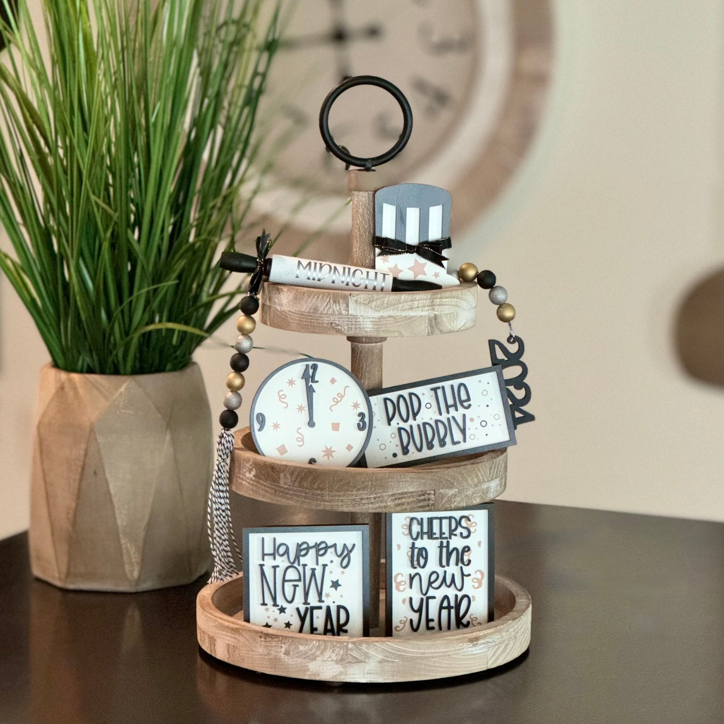 New Years Themed Wooden Bead Garland