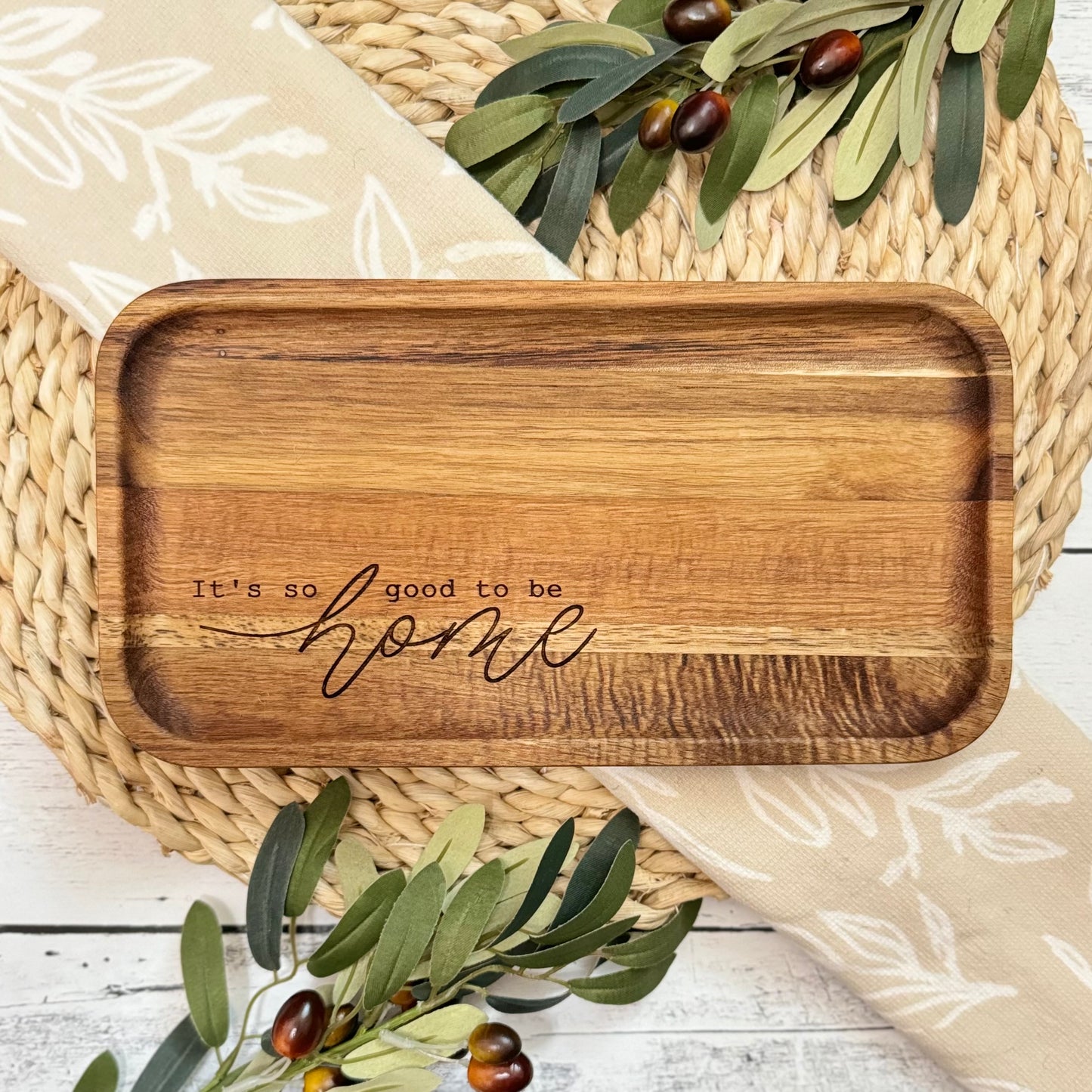 Acacia Wood Engraved Valet Tray | Wood Catch All Tray