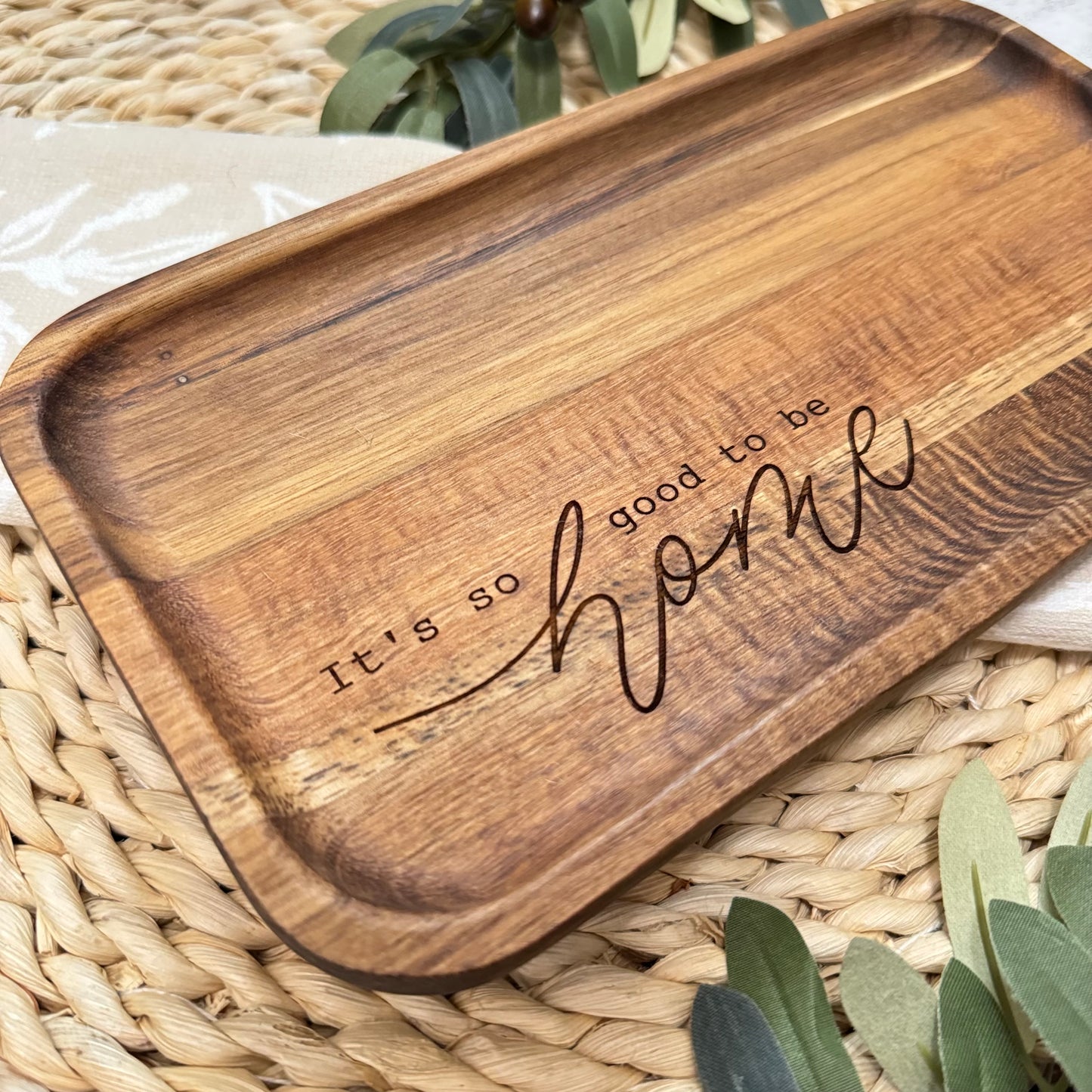 Acacia Wood Engraved Valet Tray | Wood Catch All Tray