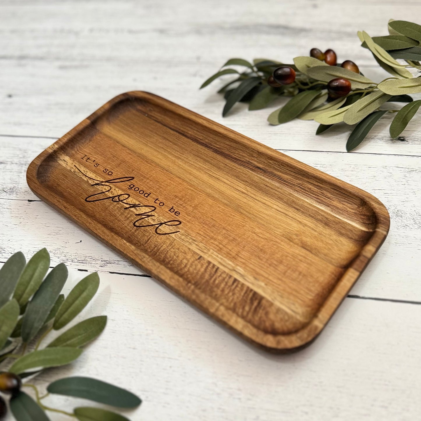 Acacia Wood Engraved Valet Tray | Wood Catch All Tray