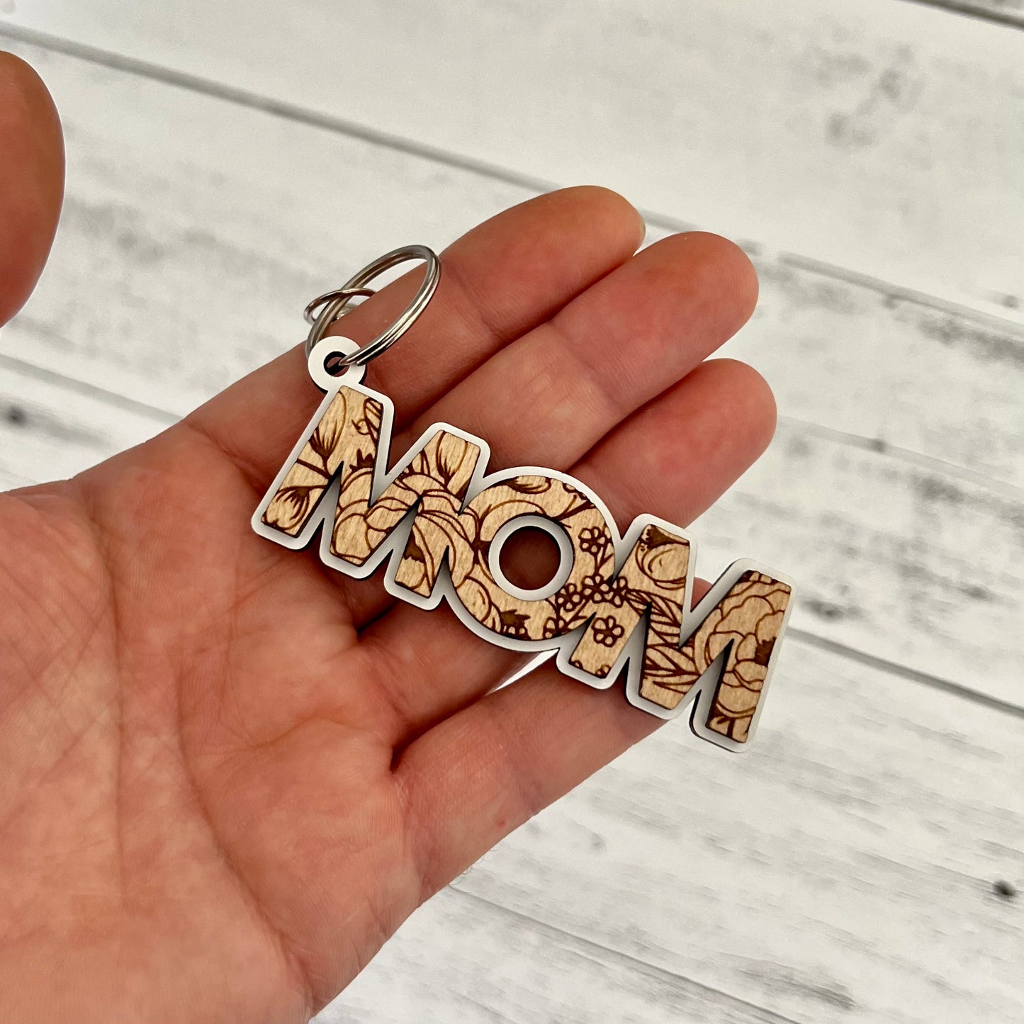 Engraved Floral Mom Keychain