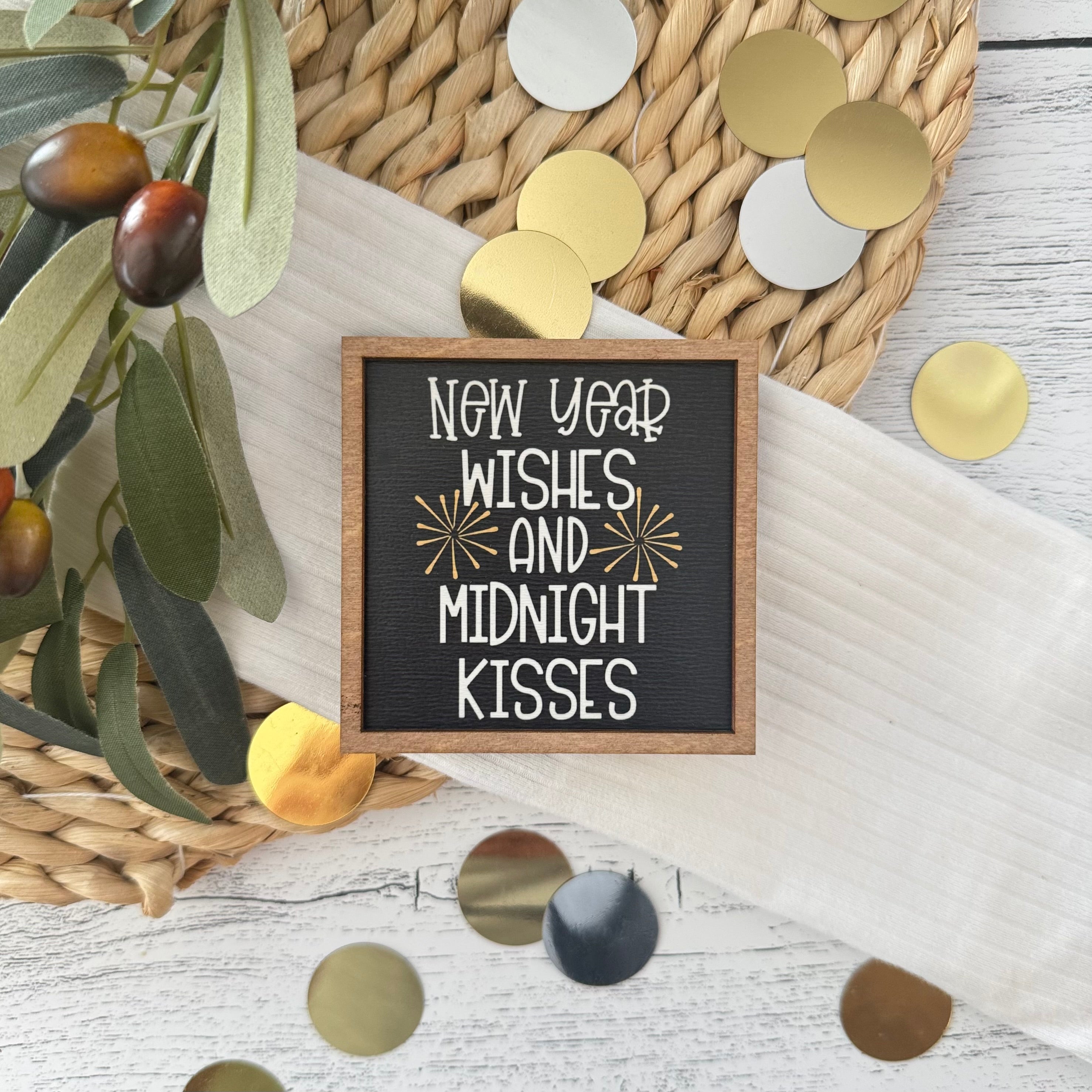 Mini Framed New Years Sign | New Year Wishes Midnight Kisses