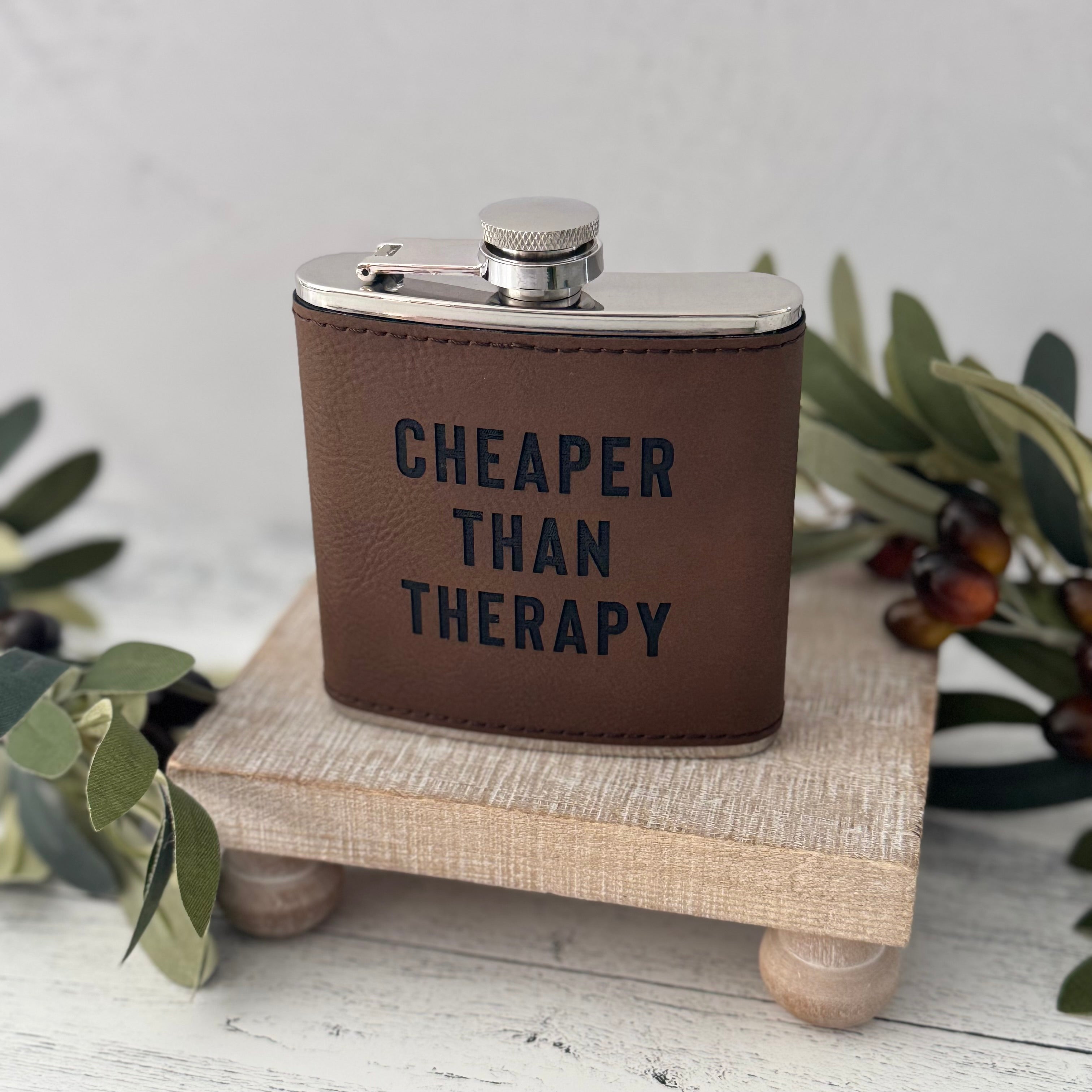 Cheaper Than Therapy 6 oz Leather Flask