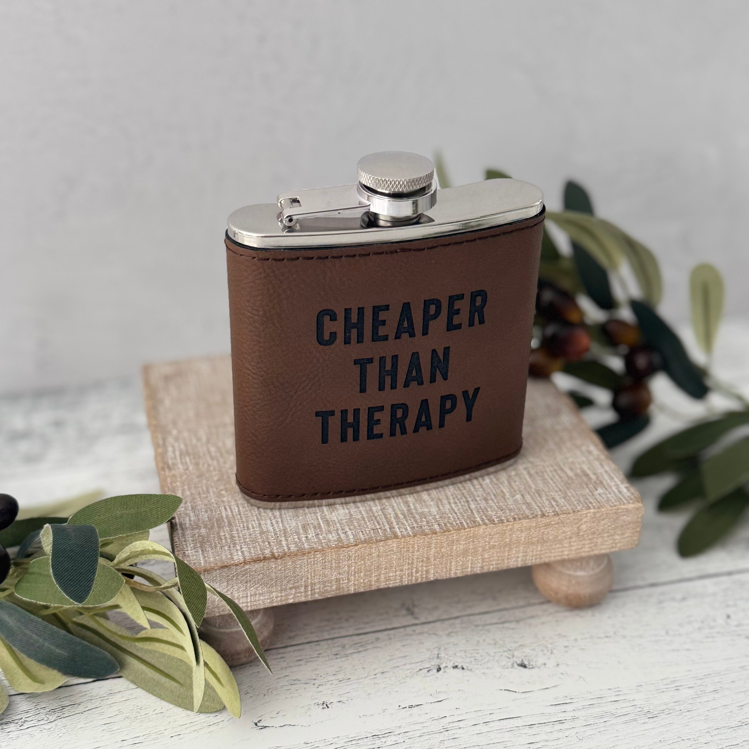 Cheaper Than Therapy 6 oz Leather Flask