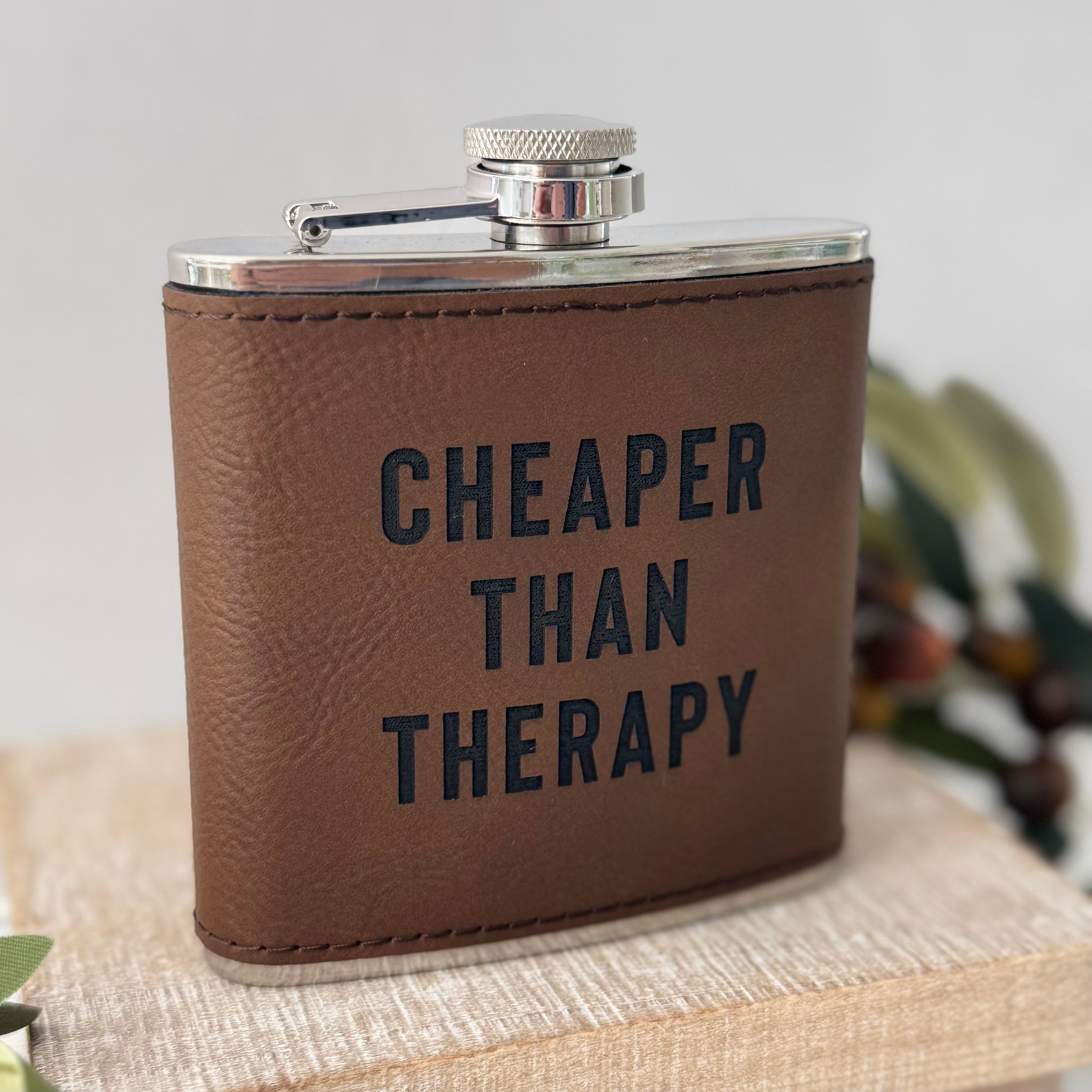 Cheaper Than Therapy 6 oz Leather Flask