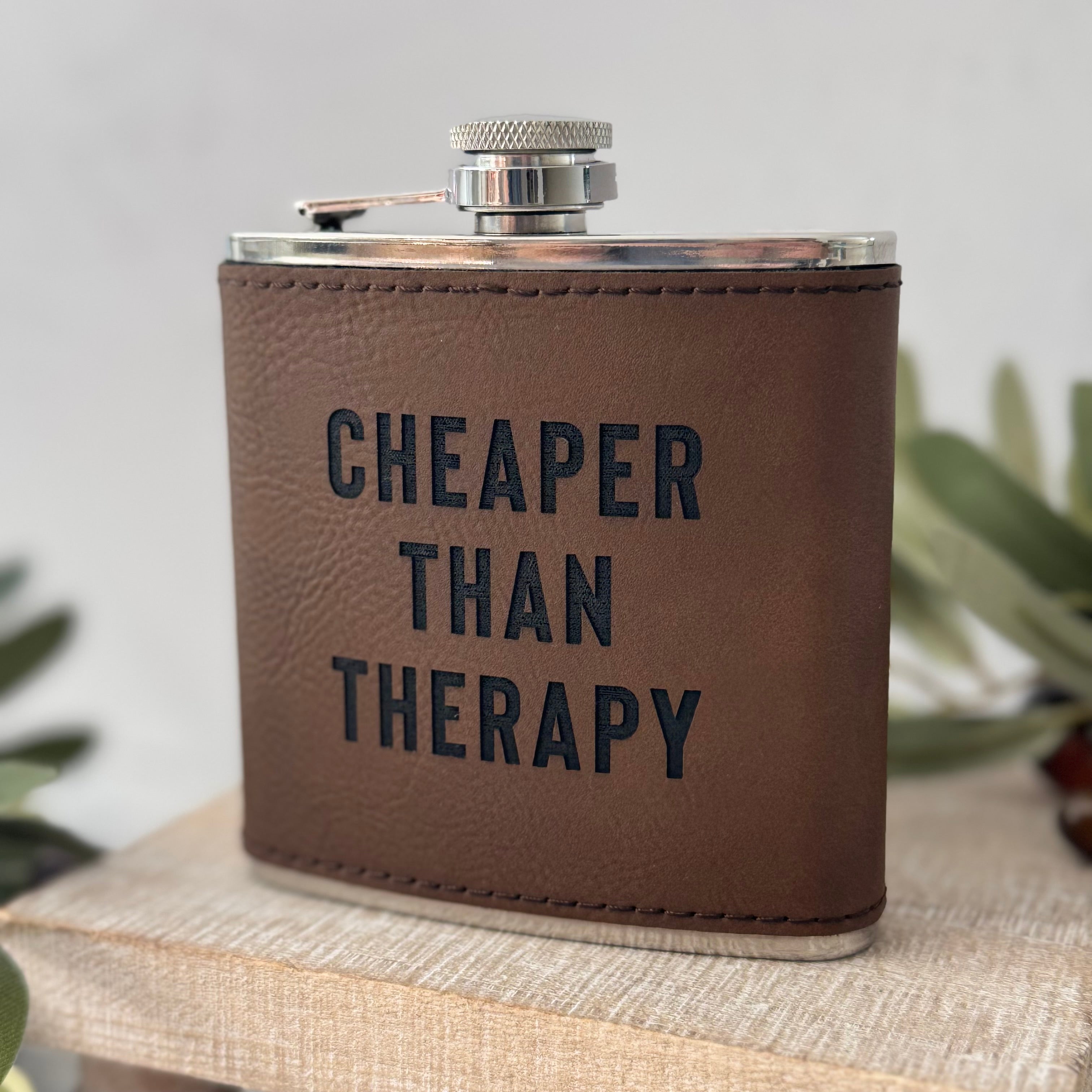 Cheaper Than Therapy 6 oz Leather Flask