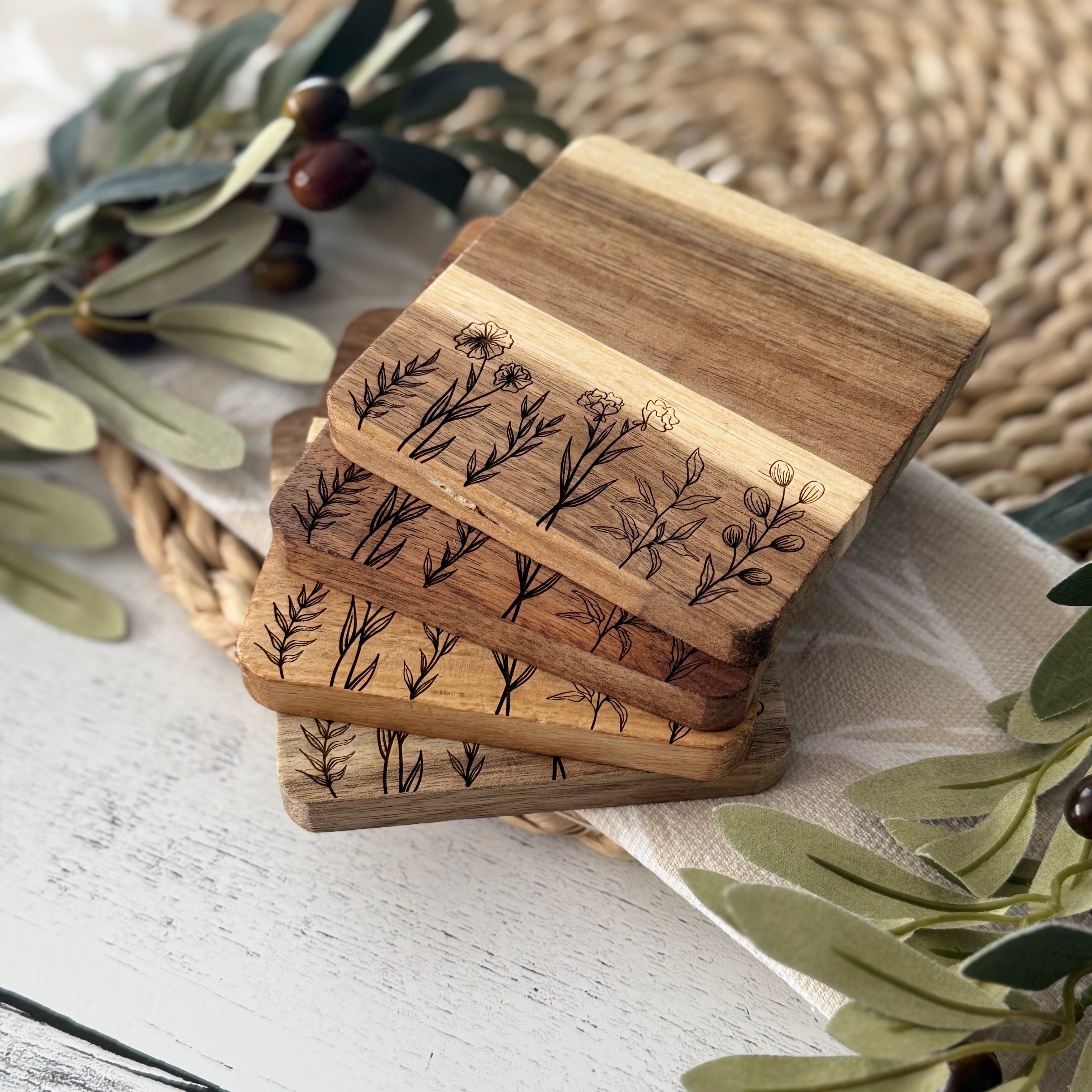 Floral Themed Engraved Wooden Acacia Coaster Set