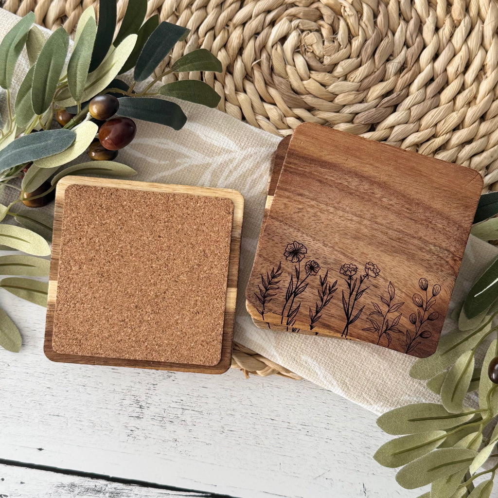 Floral Themed Engraved Wooden Acacia Coaster Set