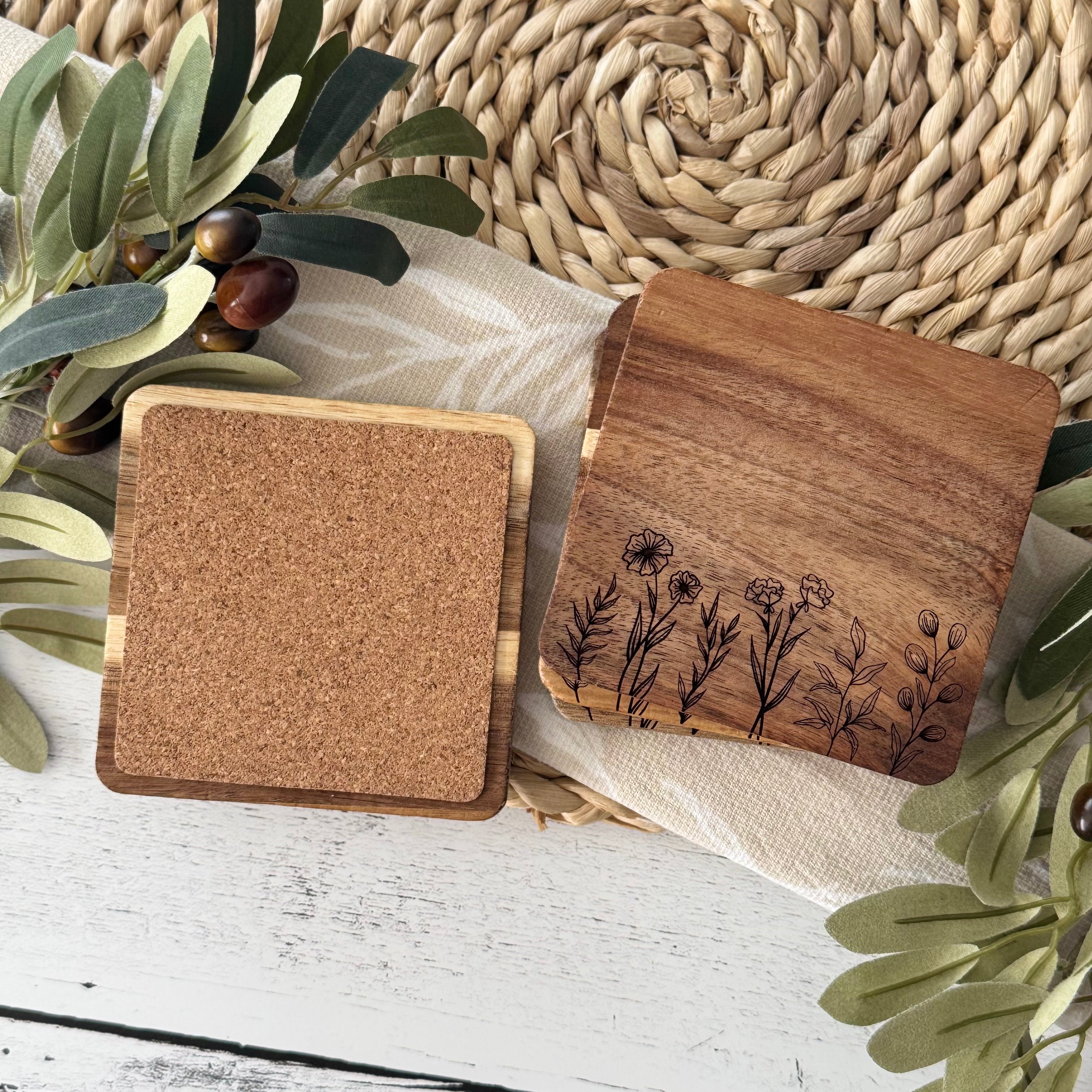 Floral Themed Engraved Wooden Acacia Coaster Set
