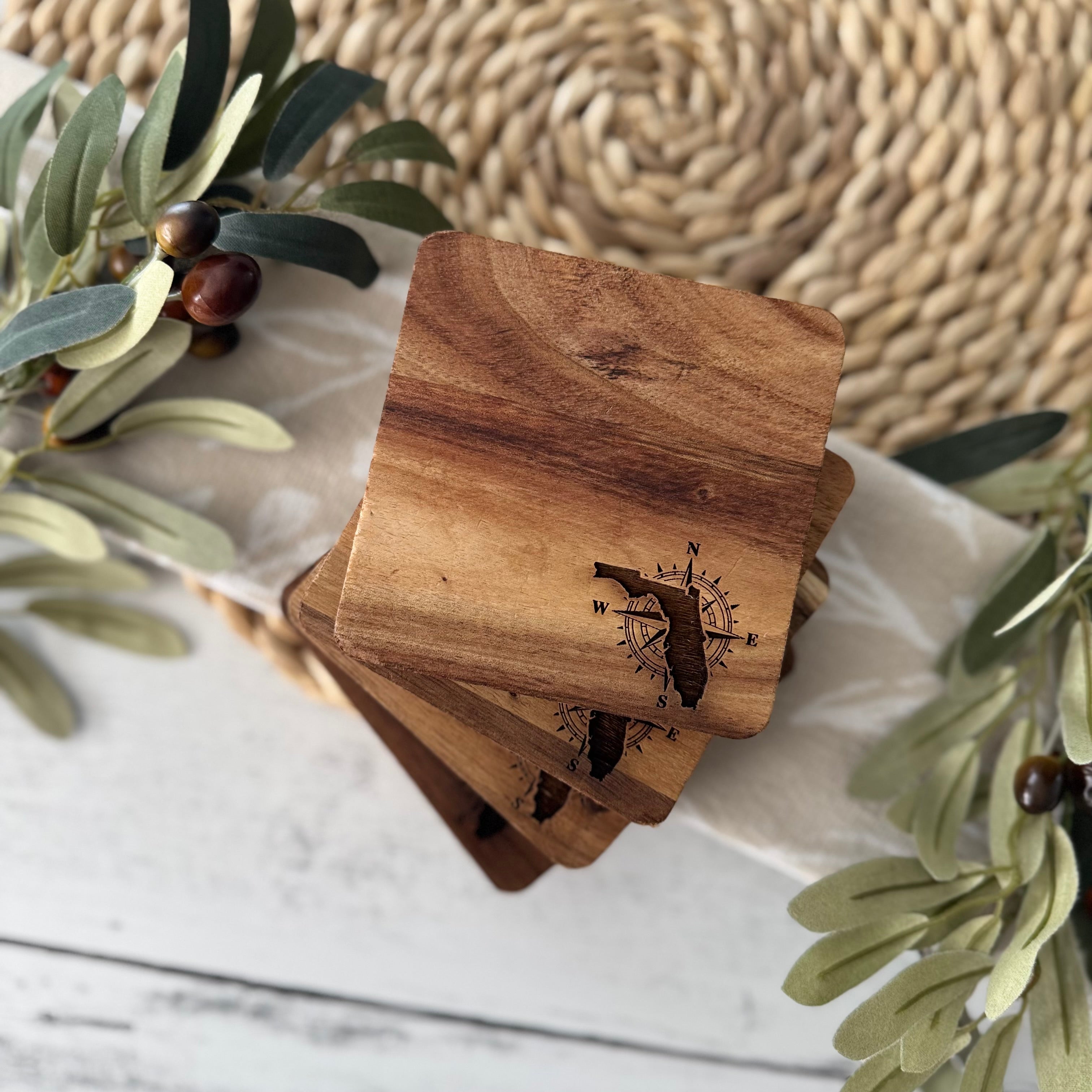 Florida Engraved Wooden Acacia Coaster Set
