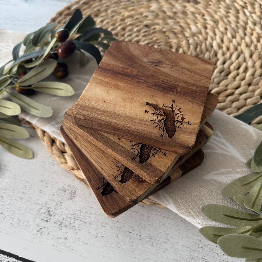 Florida Engraved Wooden Acacia Coaster Set