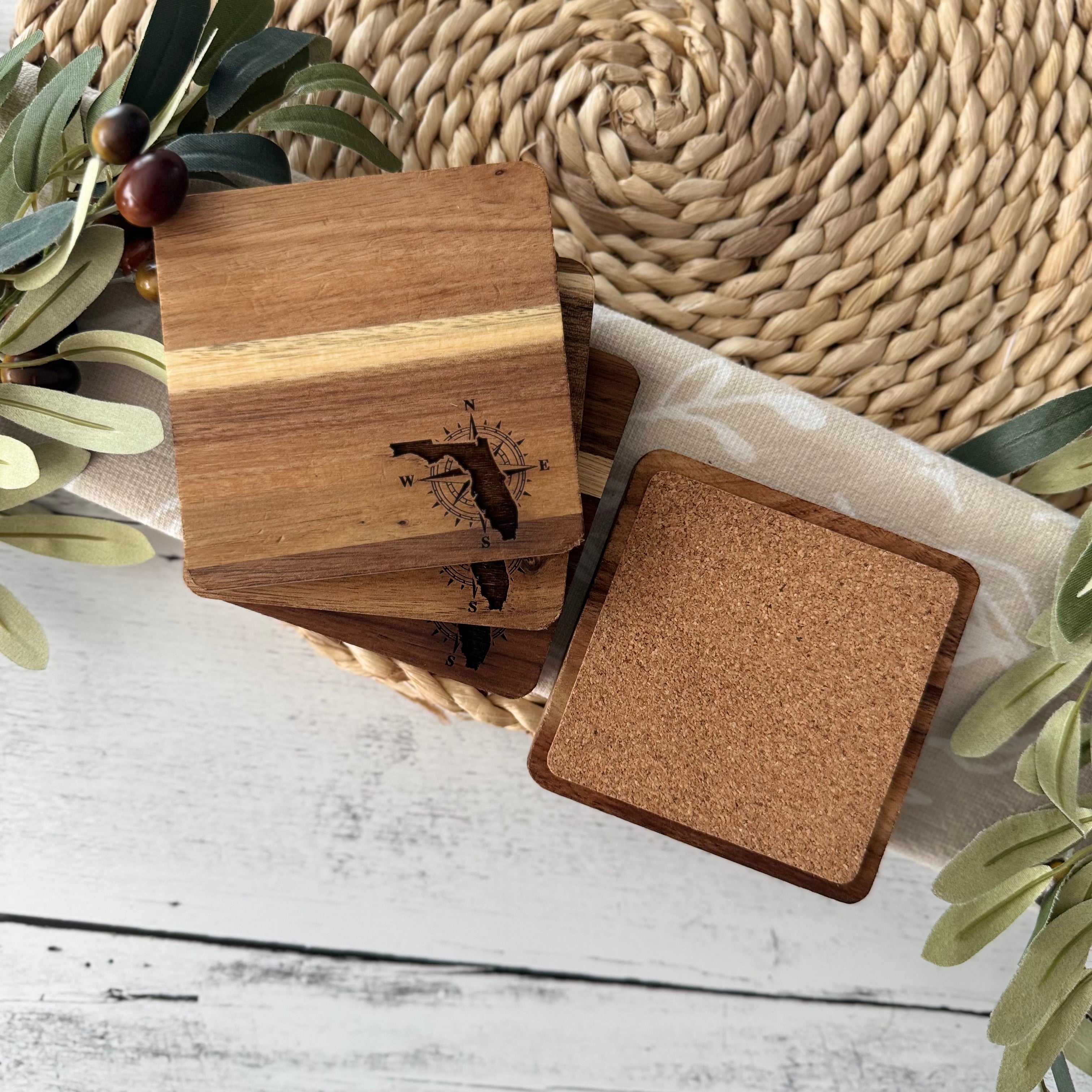 Florida Engraved Wooden Acacia Coaster Set