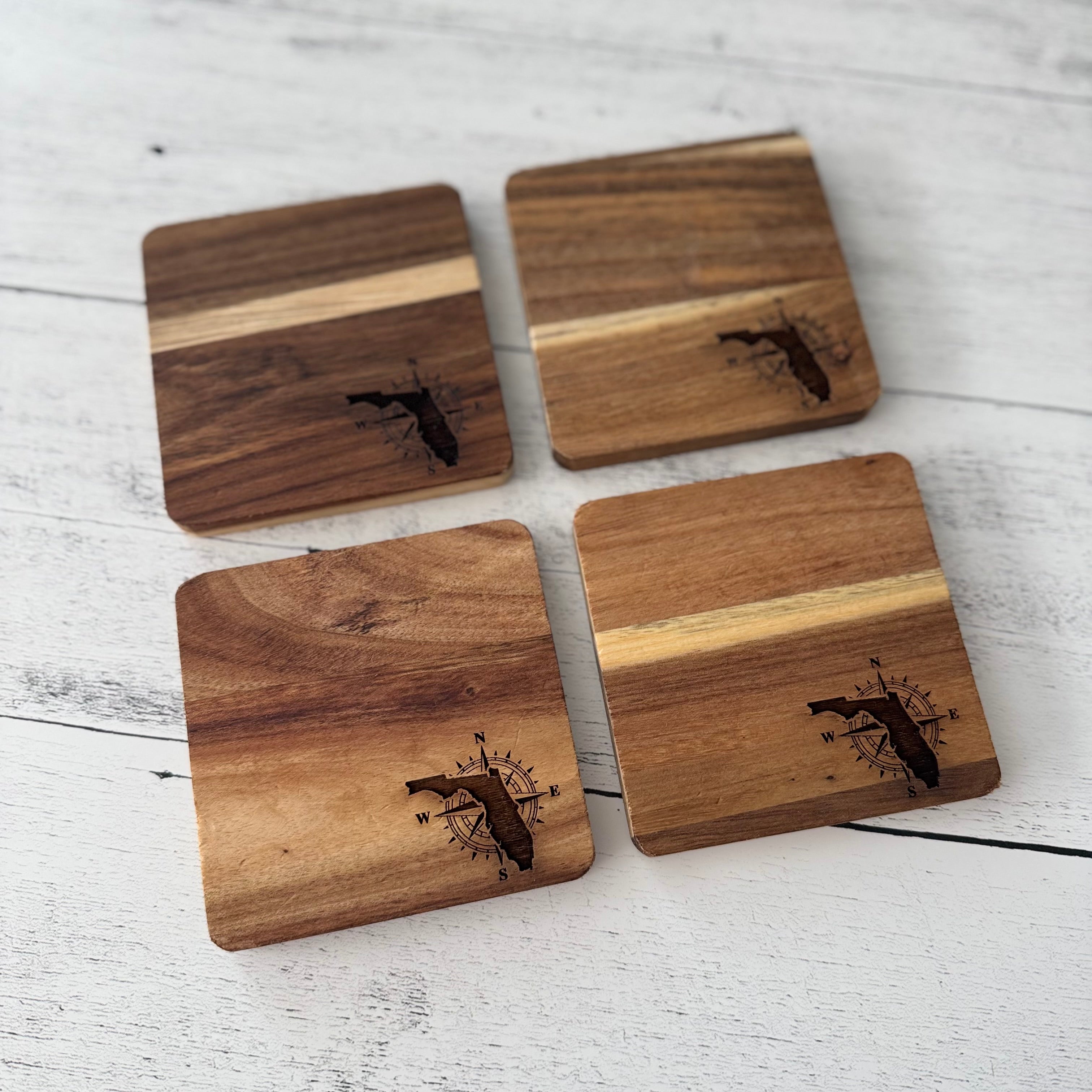 Florida Engraved Wooden Acacia Coaster Set