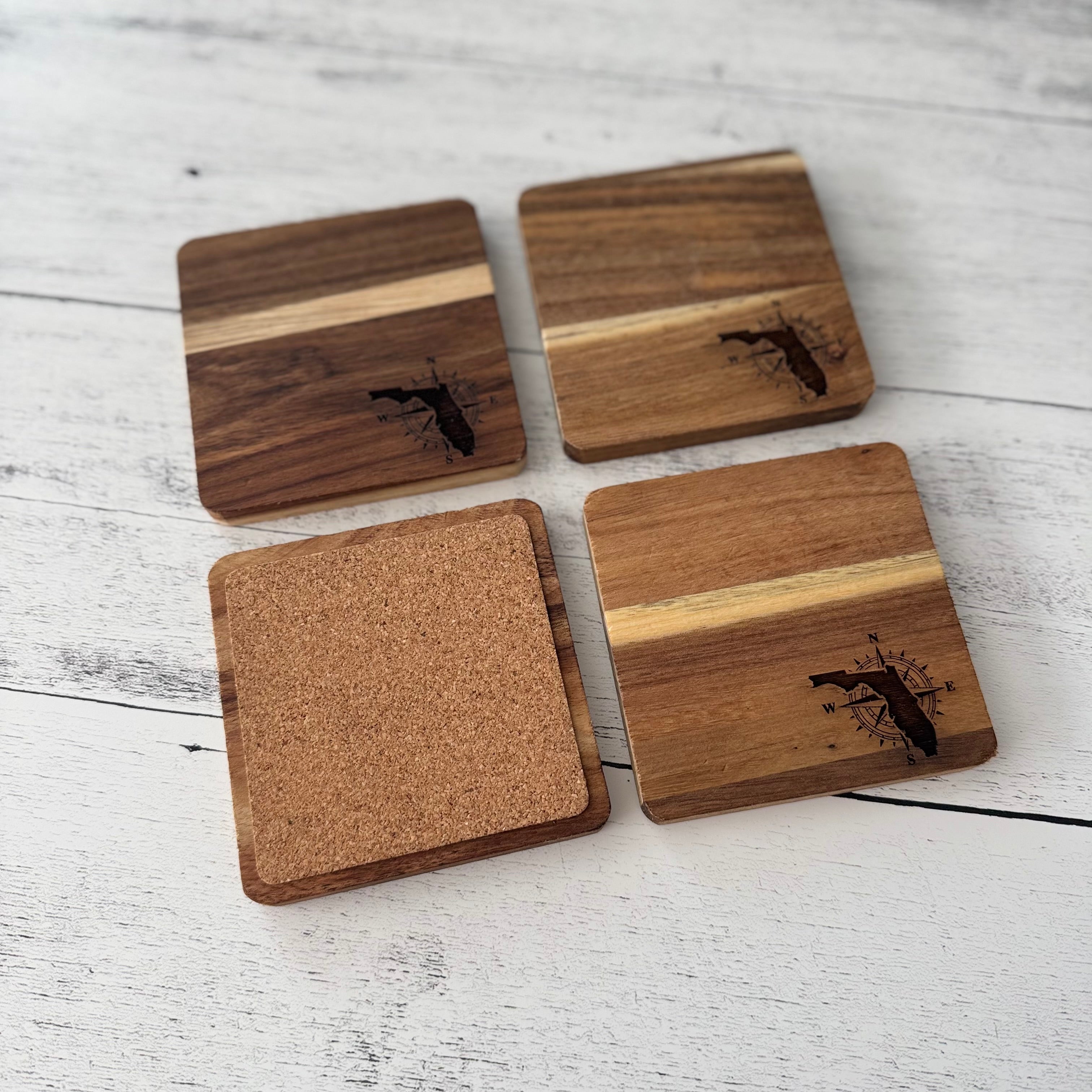 Florida Engraved Wooden Acacia Coaster Set