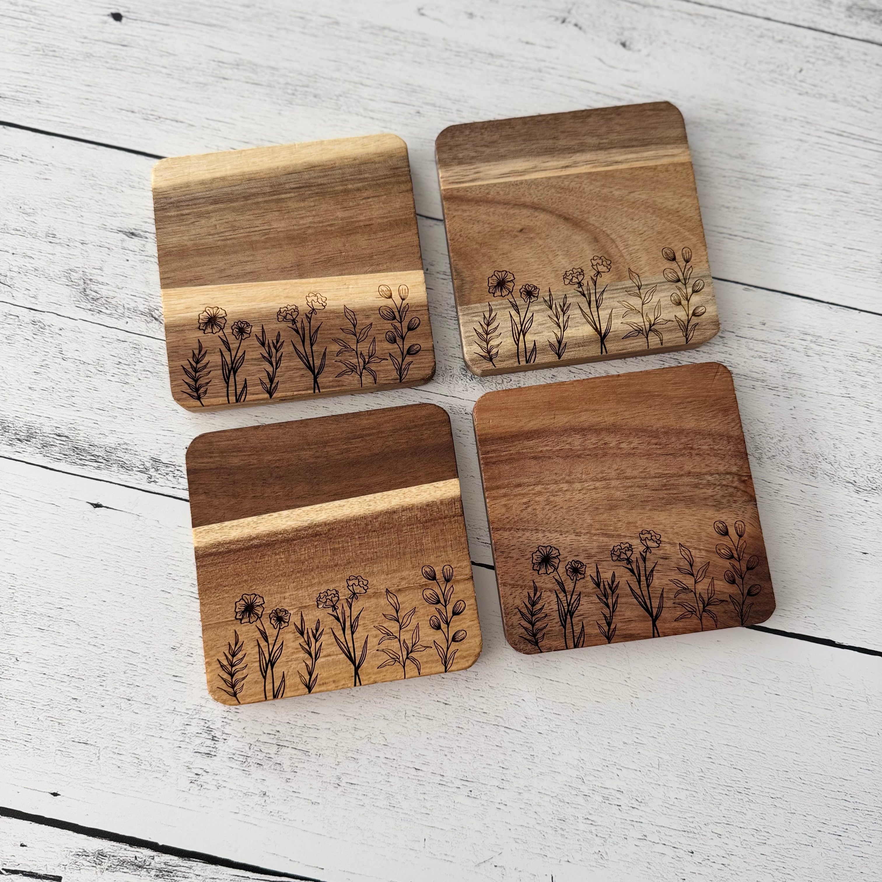 Floral Themed Engraved Wooden Acacia Coaster Set