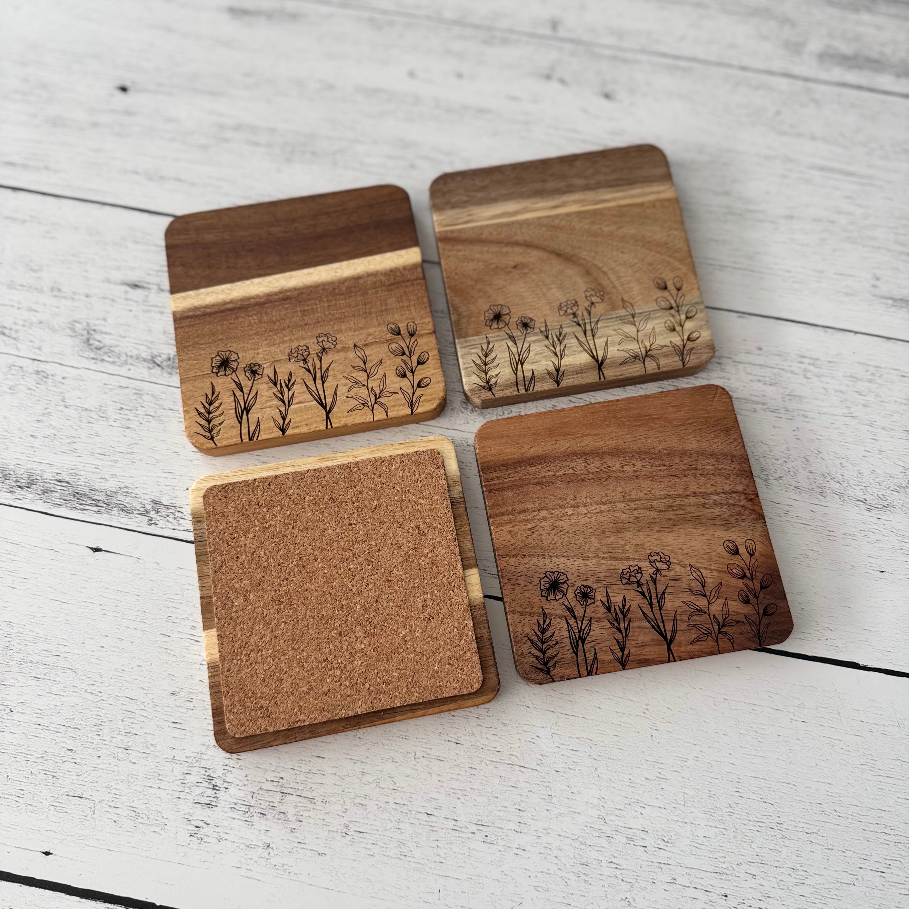 Floral Themed Engraved Wooden Acacia Coaster Set