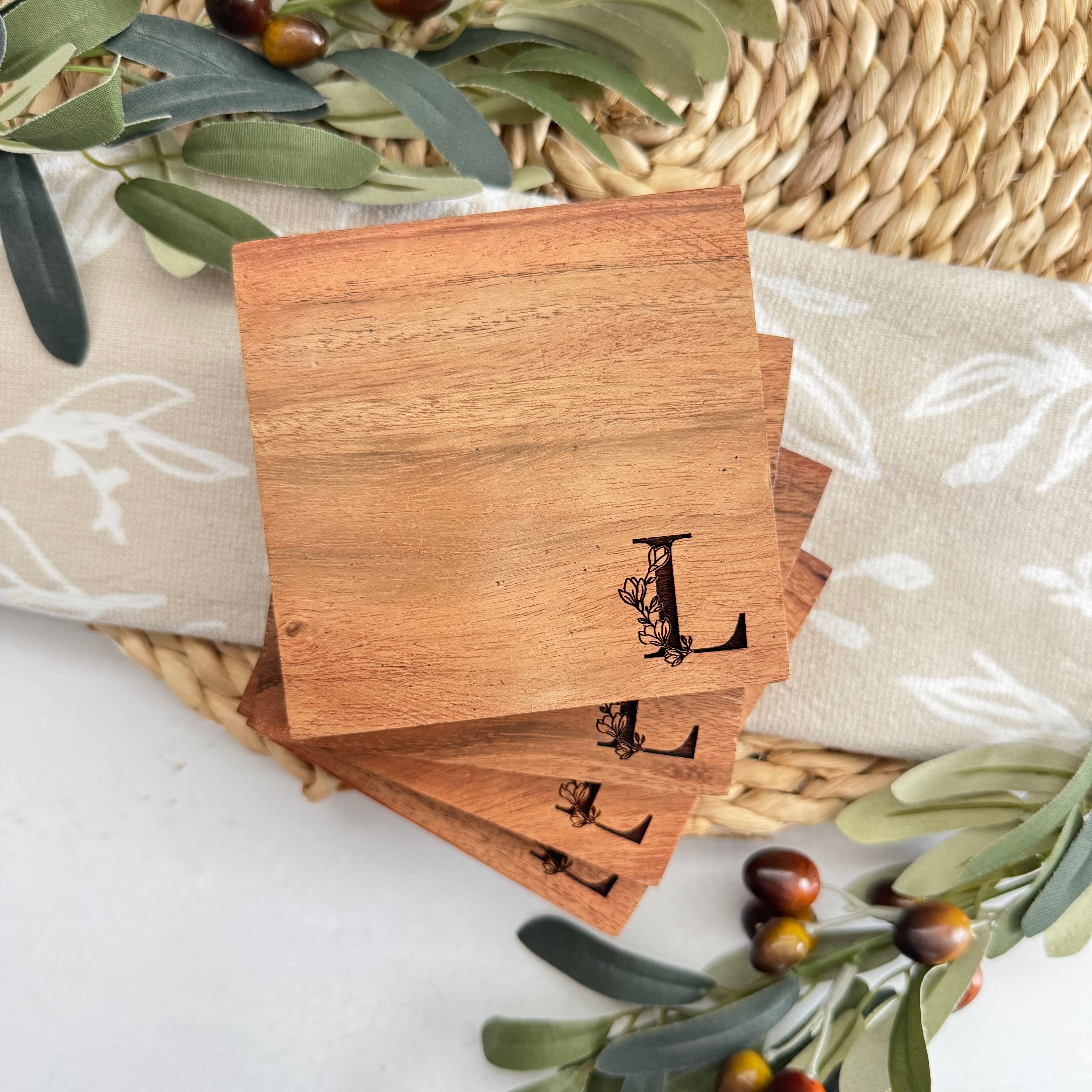Personalized Initial Wooden Acacia Coaster Set
