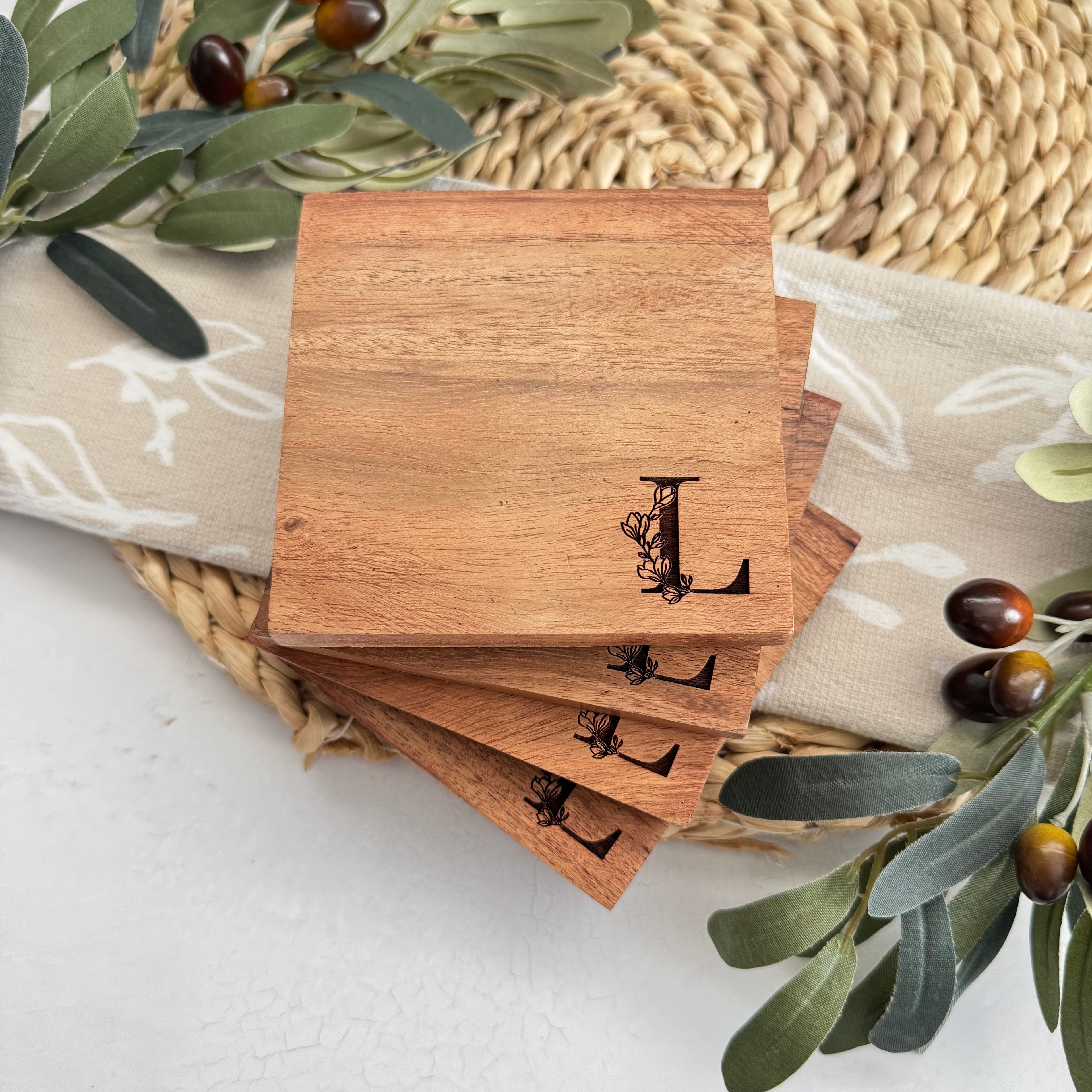 Personalized Initial Wooden Acacia Coaster Set