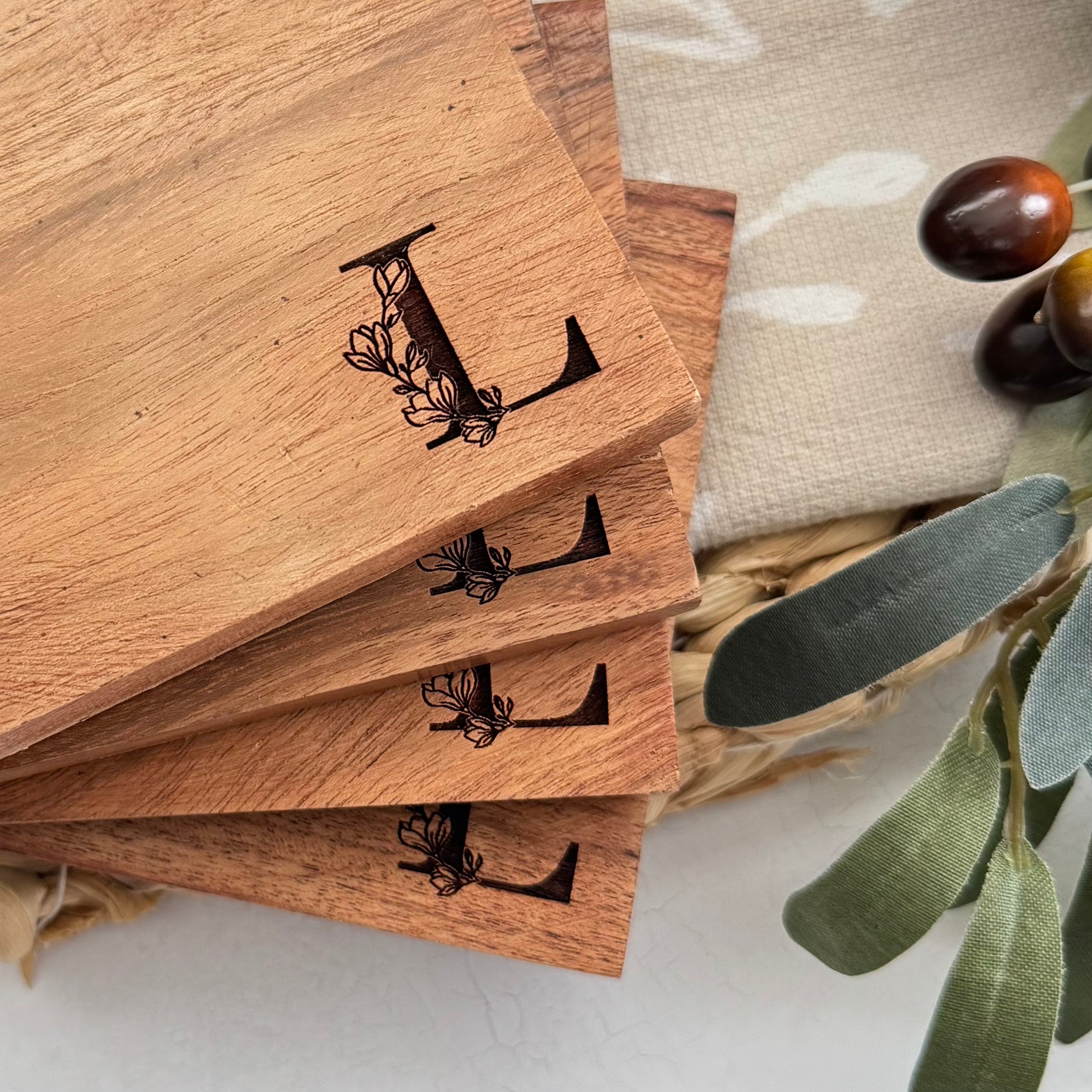 Personalized Initial Wooden Acacia Coaster Set