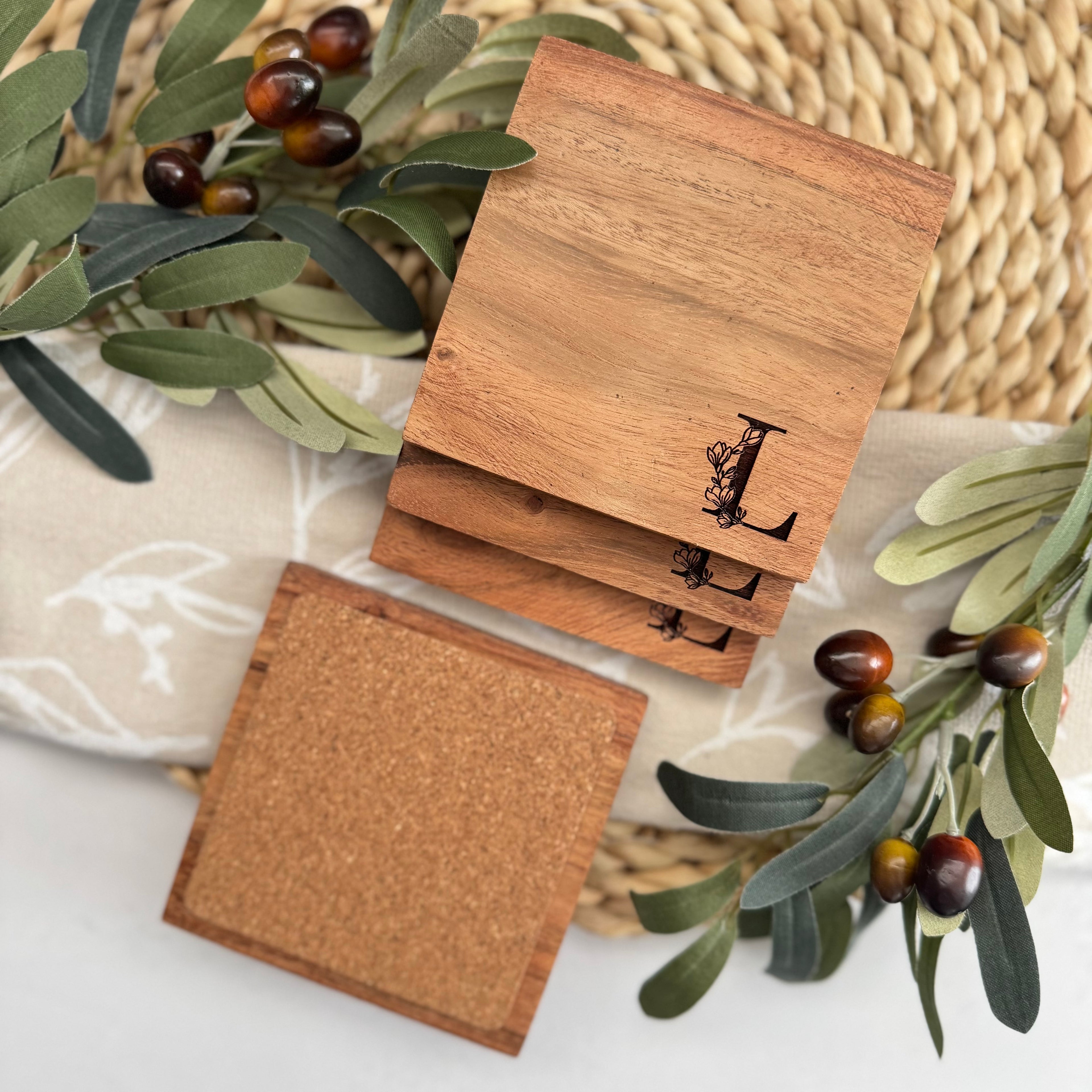 Personalized Initial Wooden Acacia Coaster Set