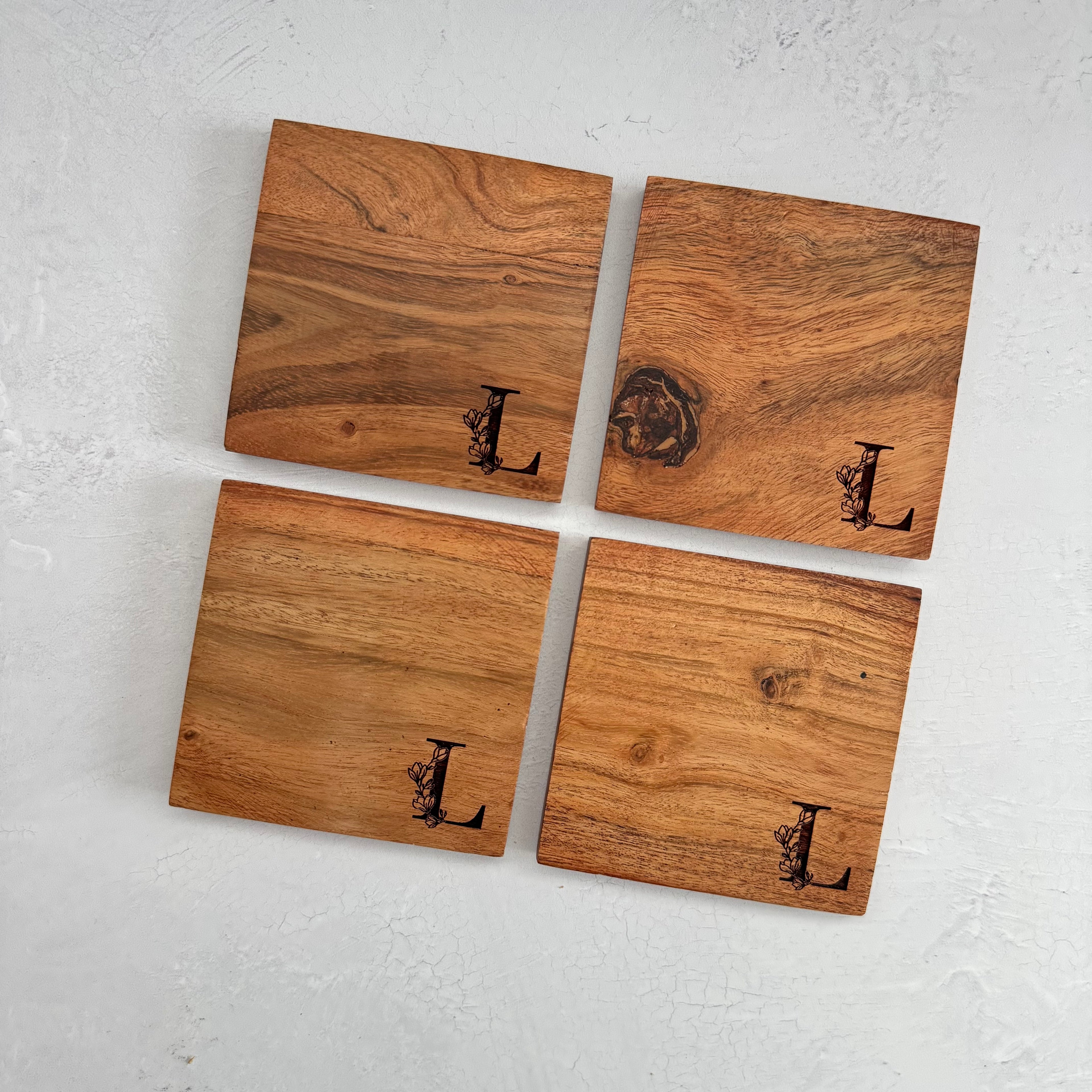Personalized Initial Wooden Acacia Coaster Set