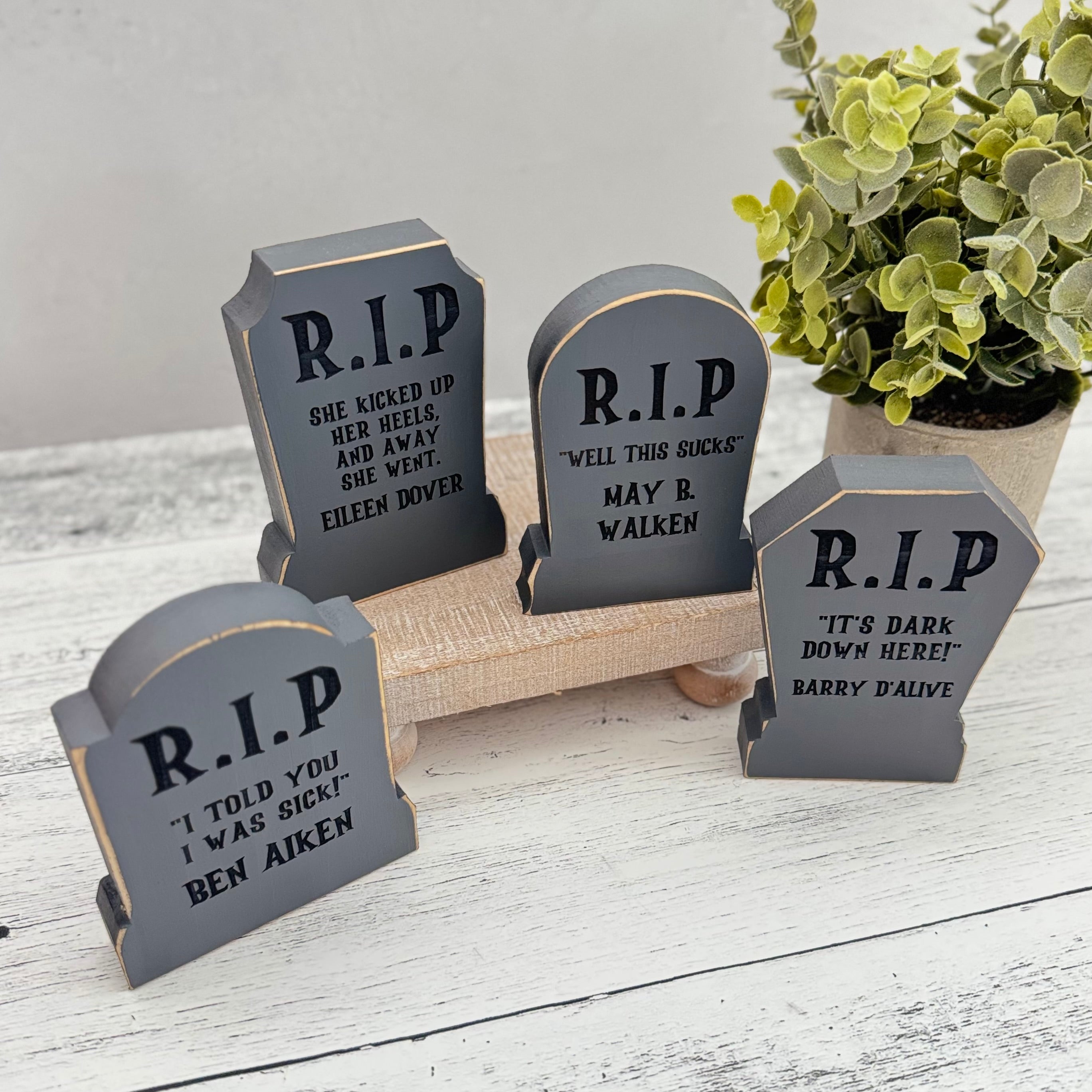 Chunky Wooden Funny Tombstone Shelf Sitters