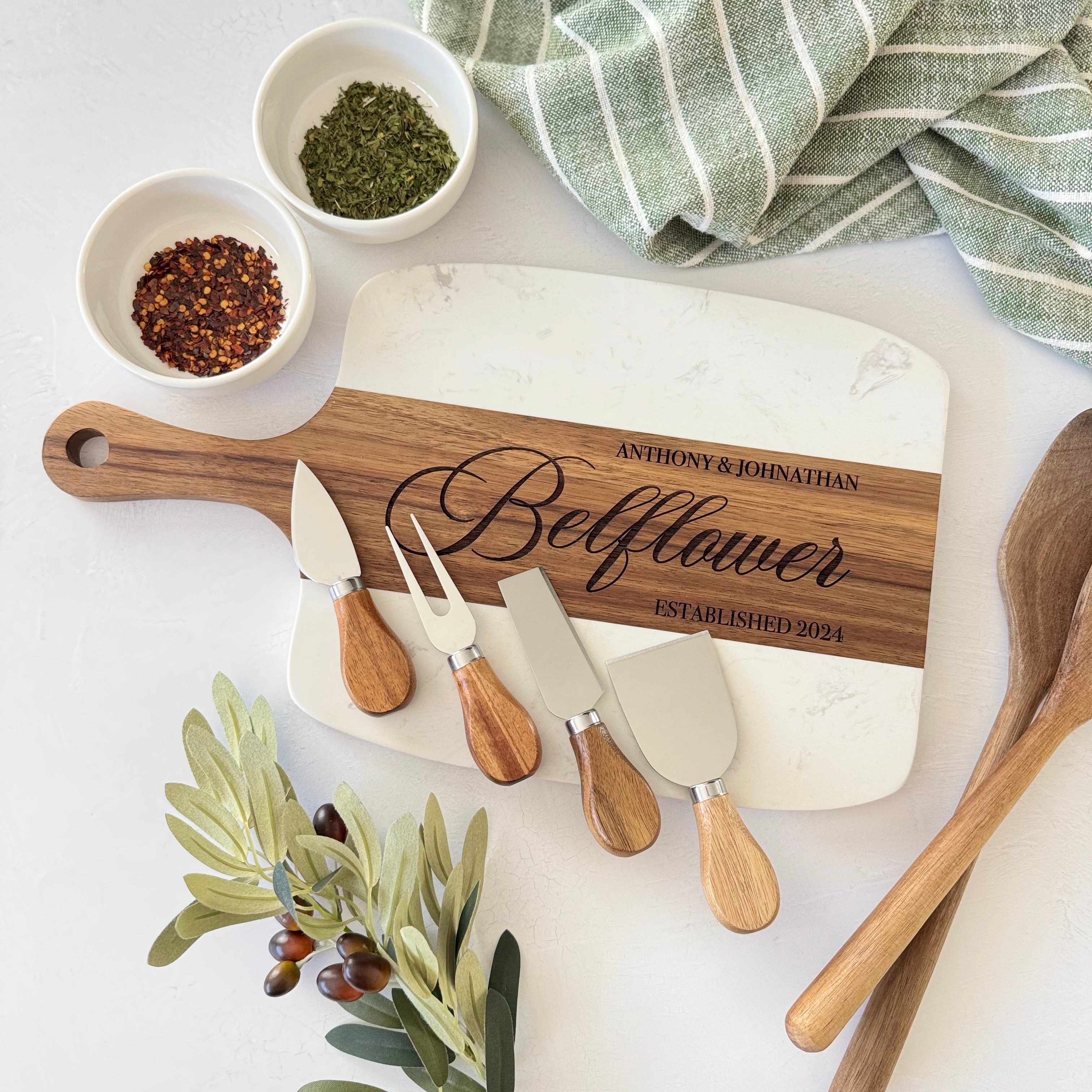Personalized Marble and Wood Cheese Board Set