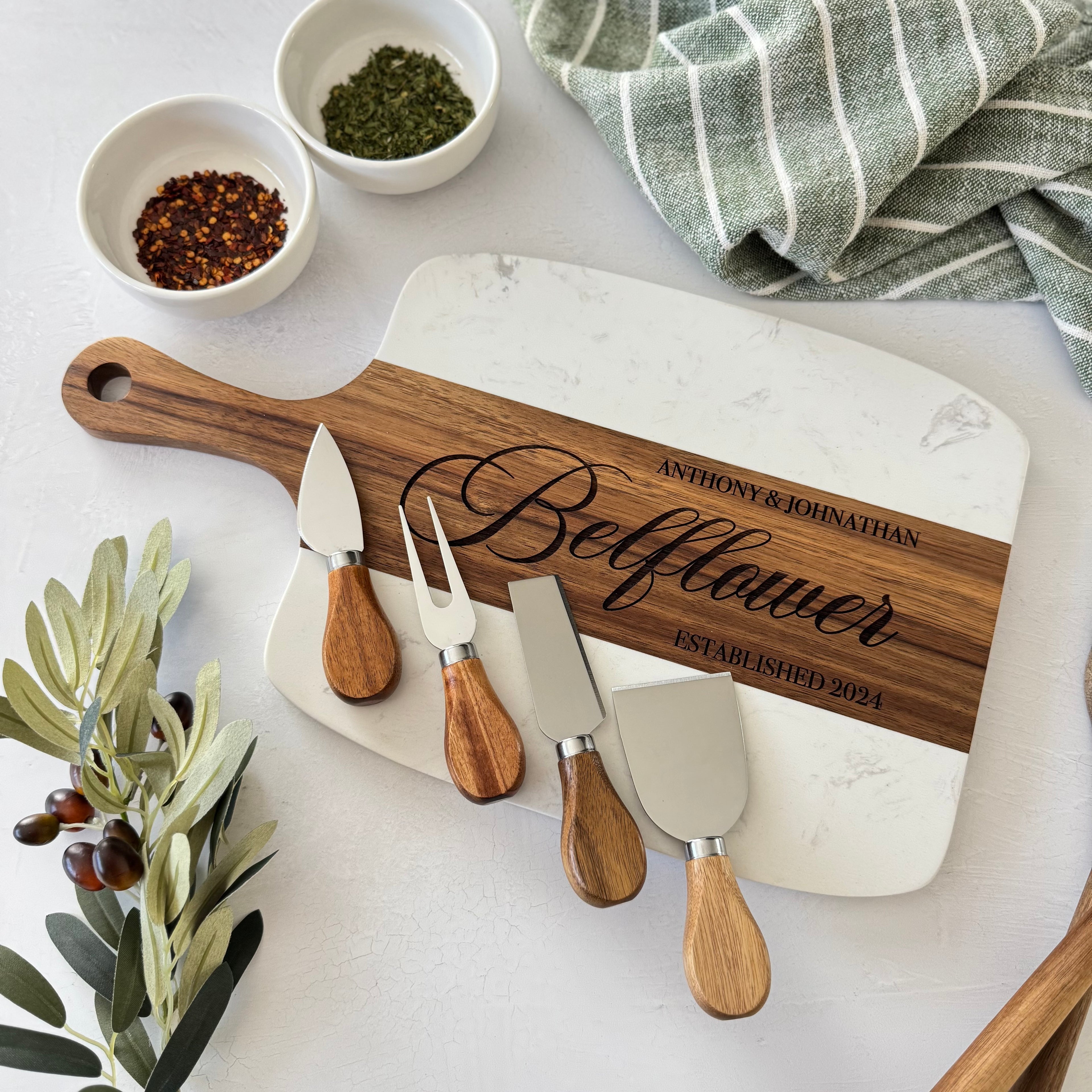 Personalized Marble and Wood Cheese Board Set