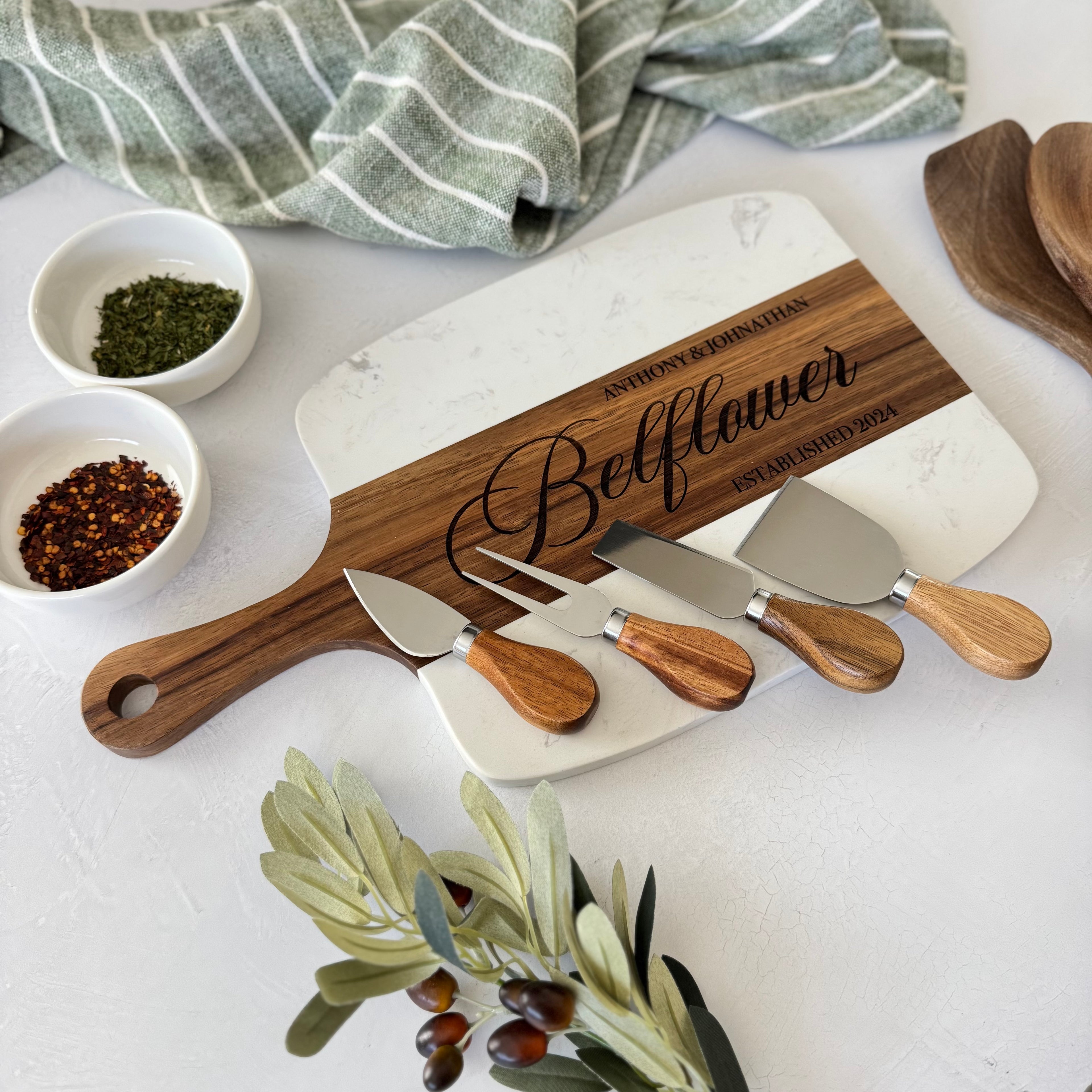 Personalized Marble and Wood Cheese Board Set