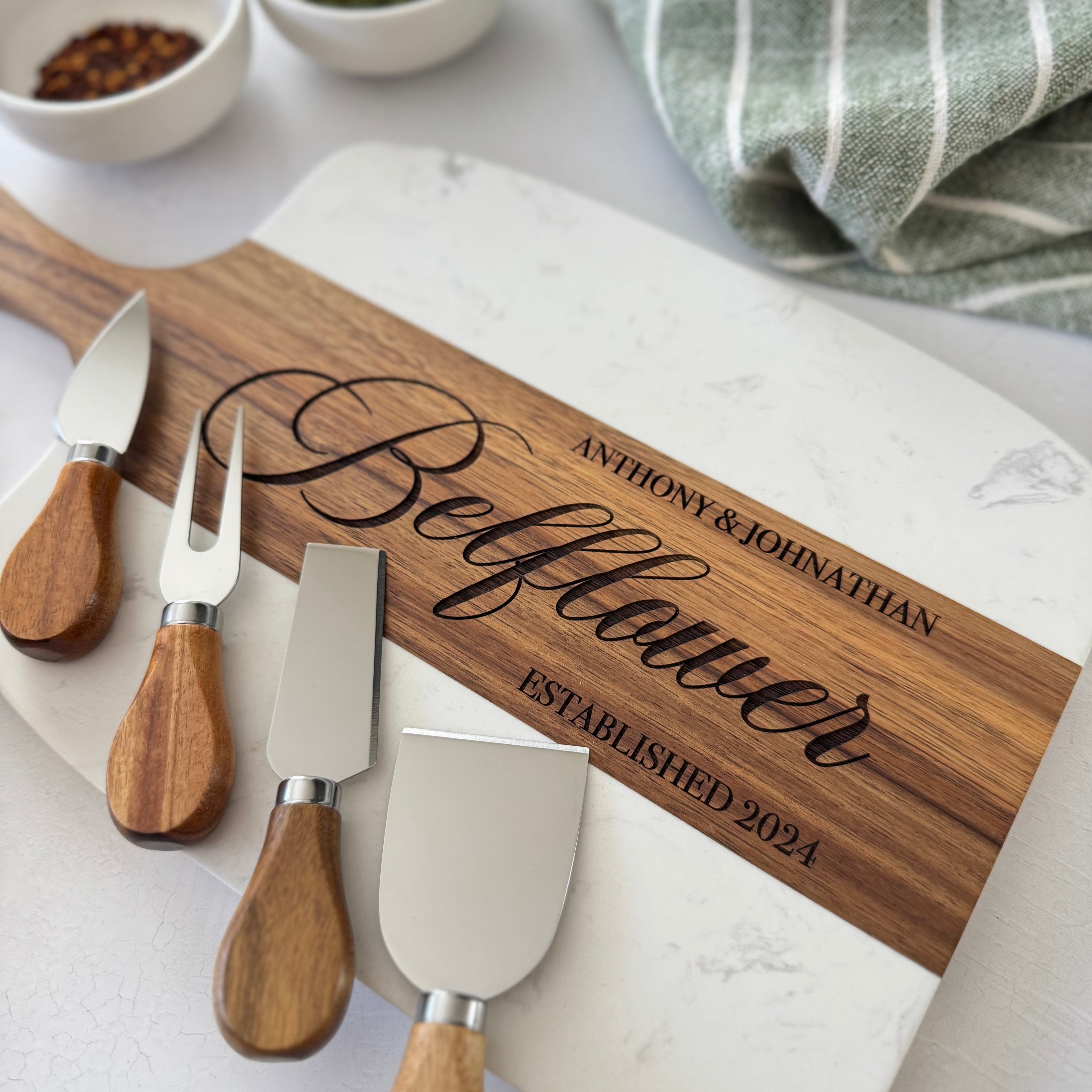 Personalized Marble and Wood Cheese Board Set