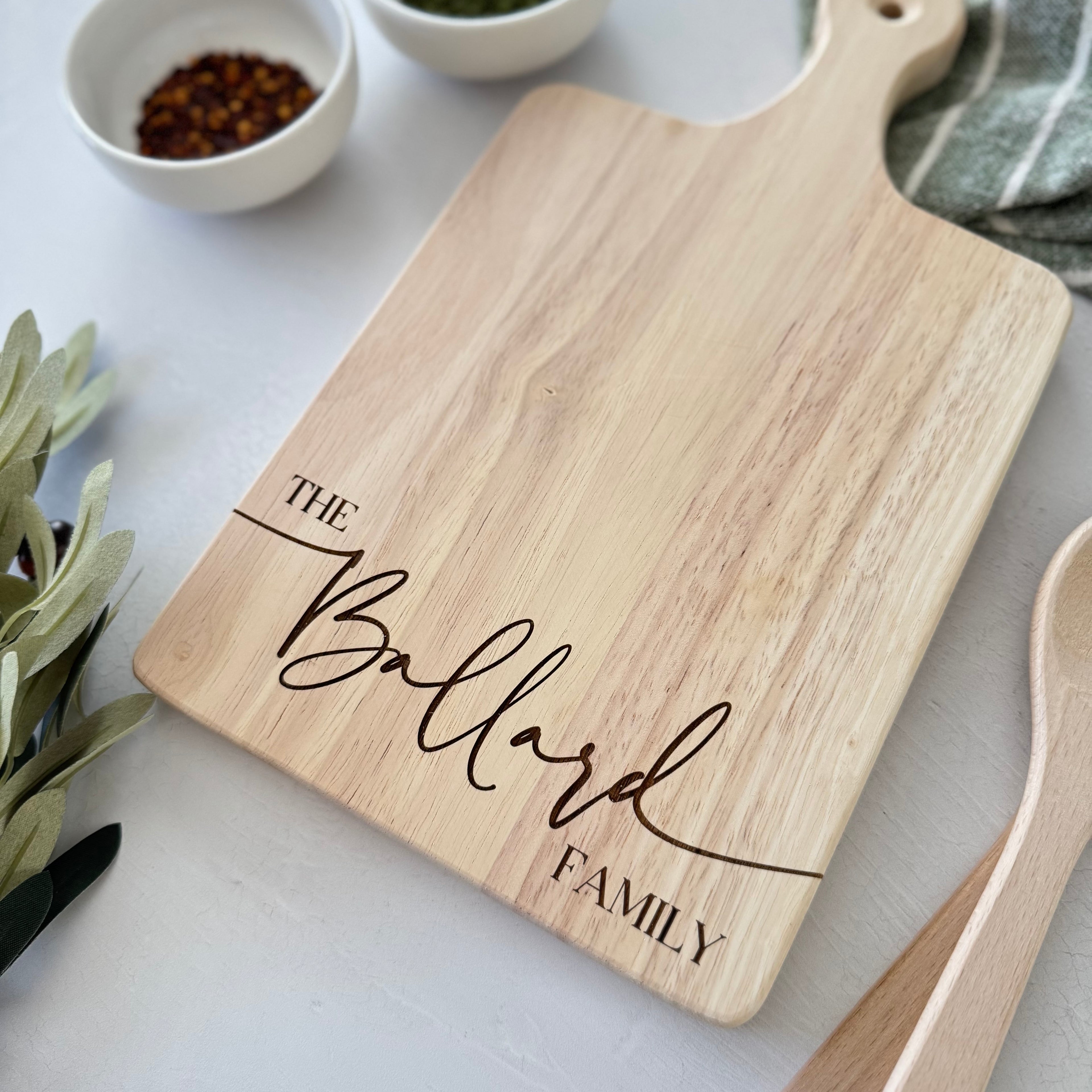 Custom Engraved Bread and Charcuterie Board with Handle Gift Set Bundle