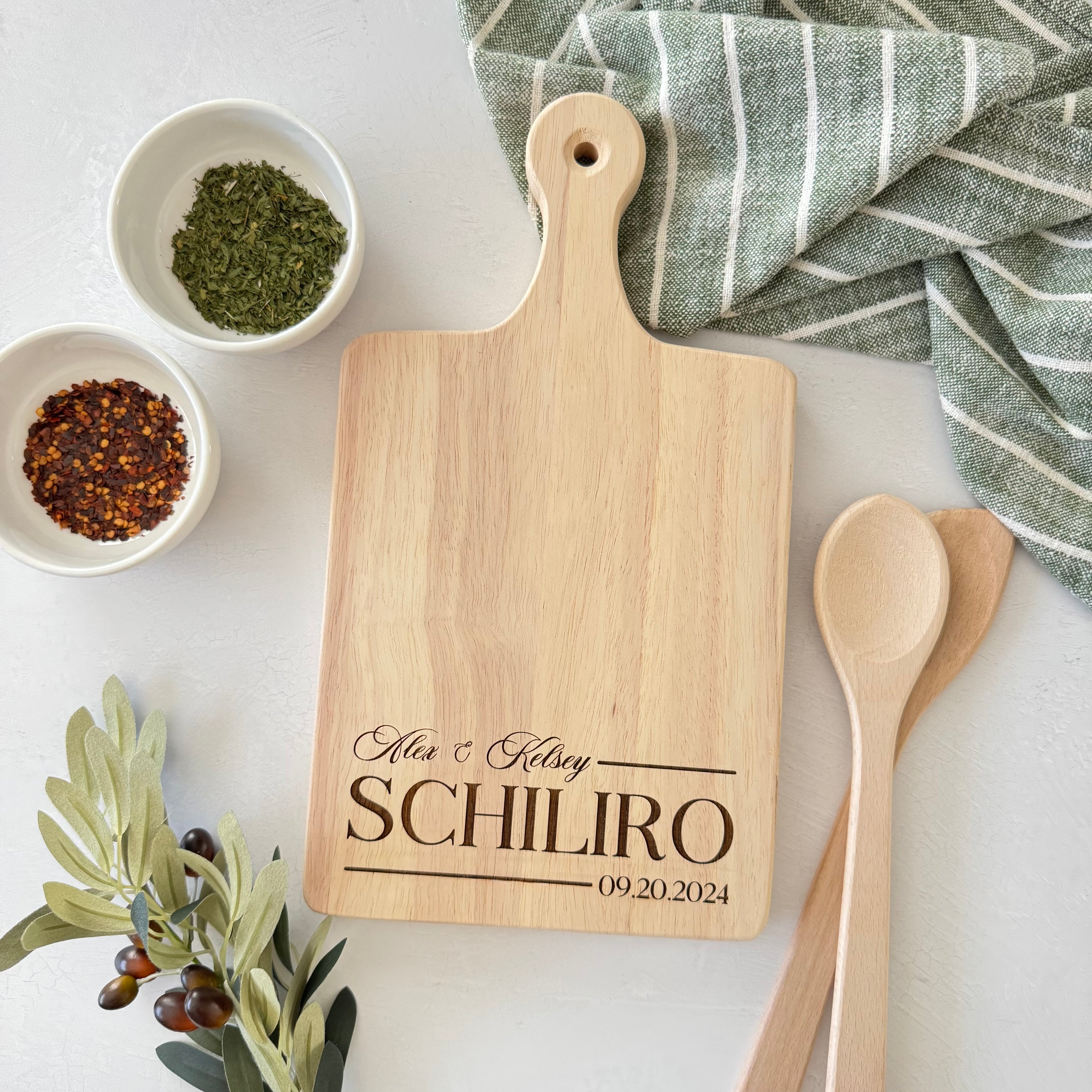 Custom Engraved Family Name and Date Serving Board with Handle Gift Set Bundle