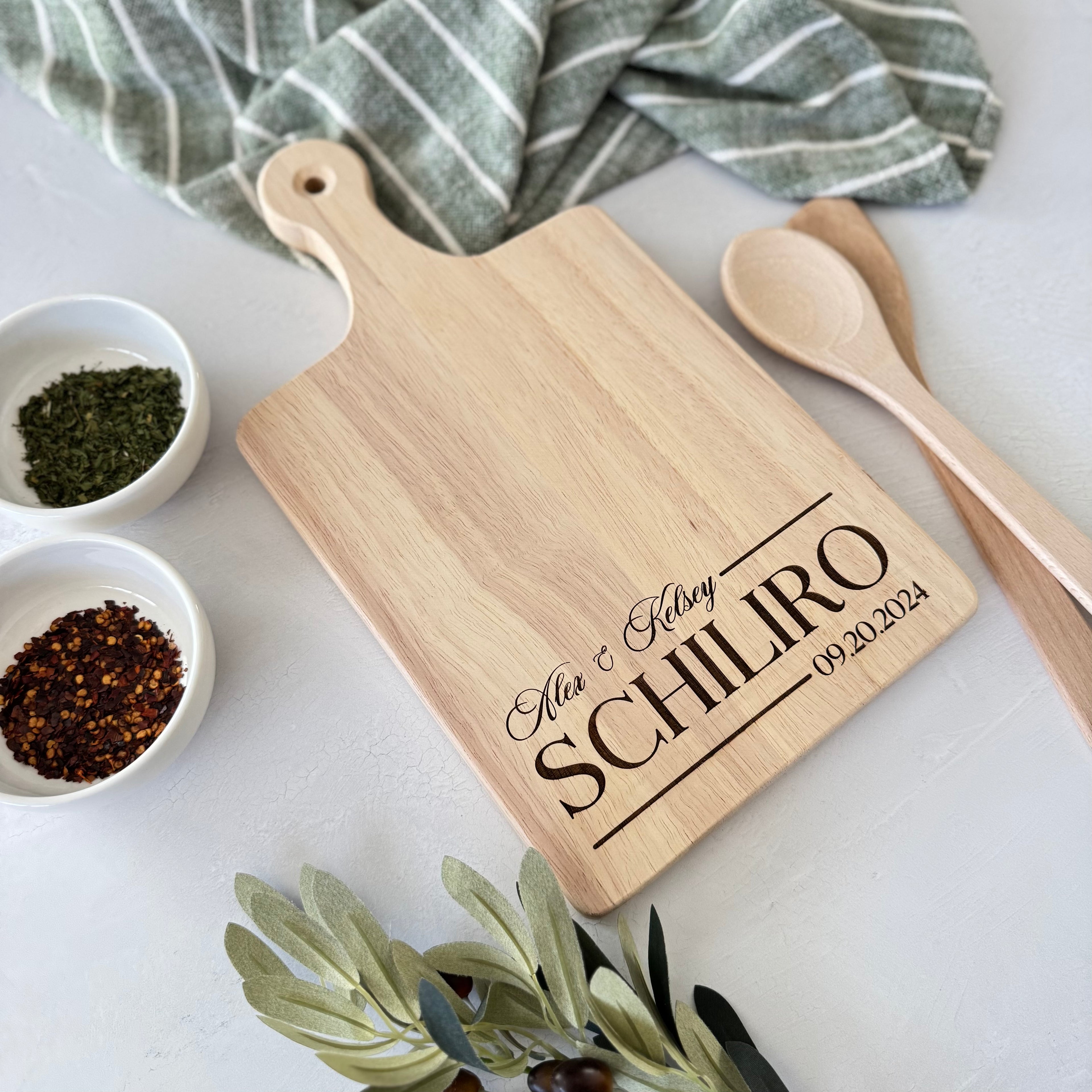 Custom Engraved Family Name and Date Serving Board with Handle