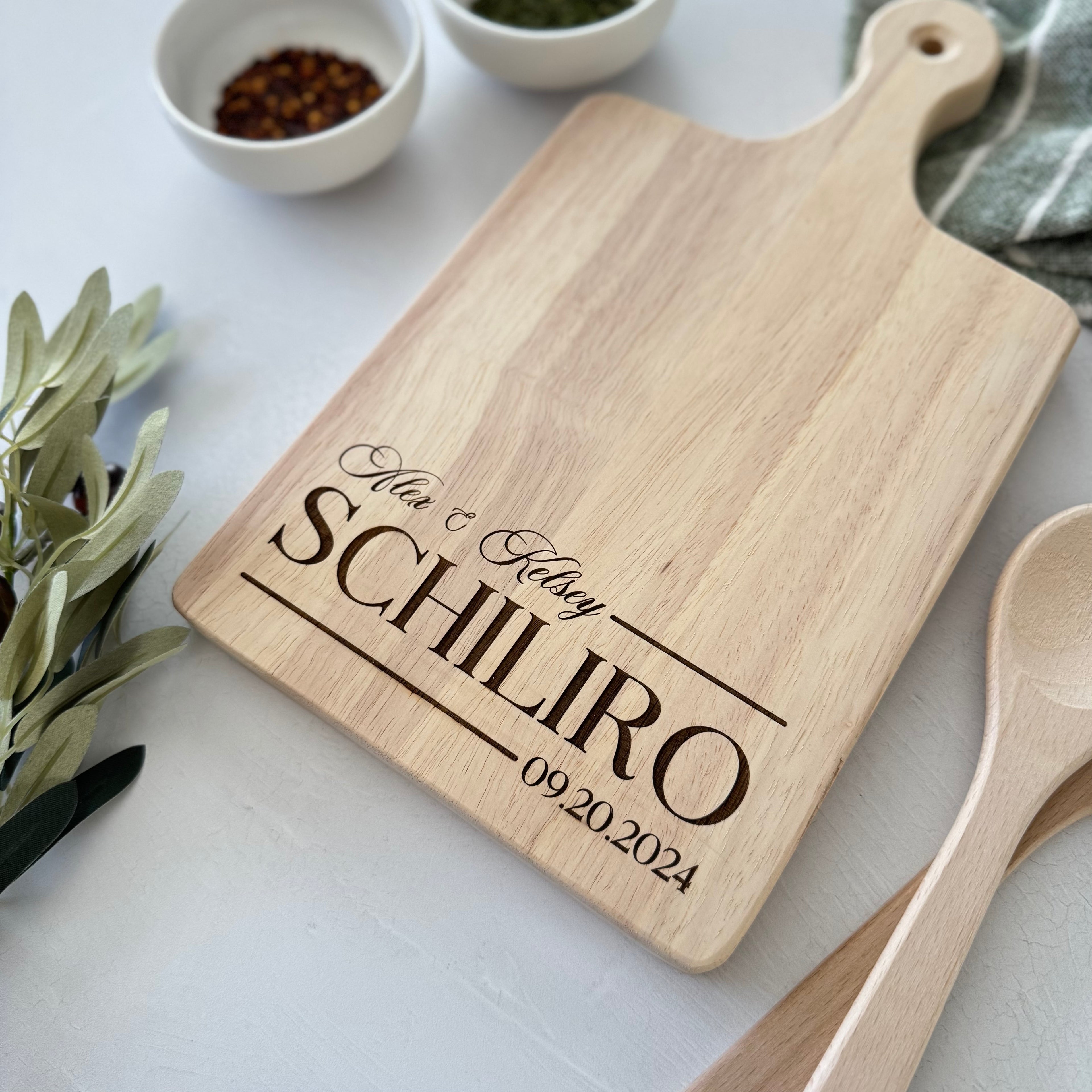 Custom Engraved Family Name and Date Serving Board with Handle