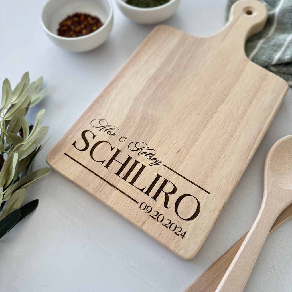 Custom Engraved Family Name and Date Serving Board with Handle Gift Set Bundle