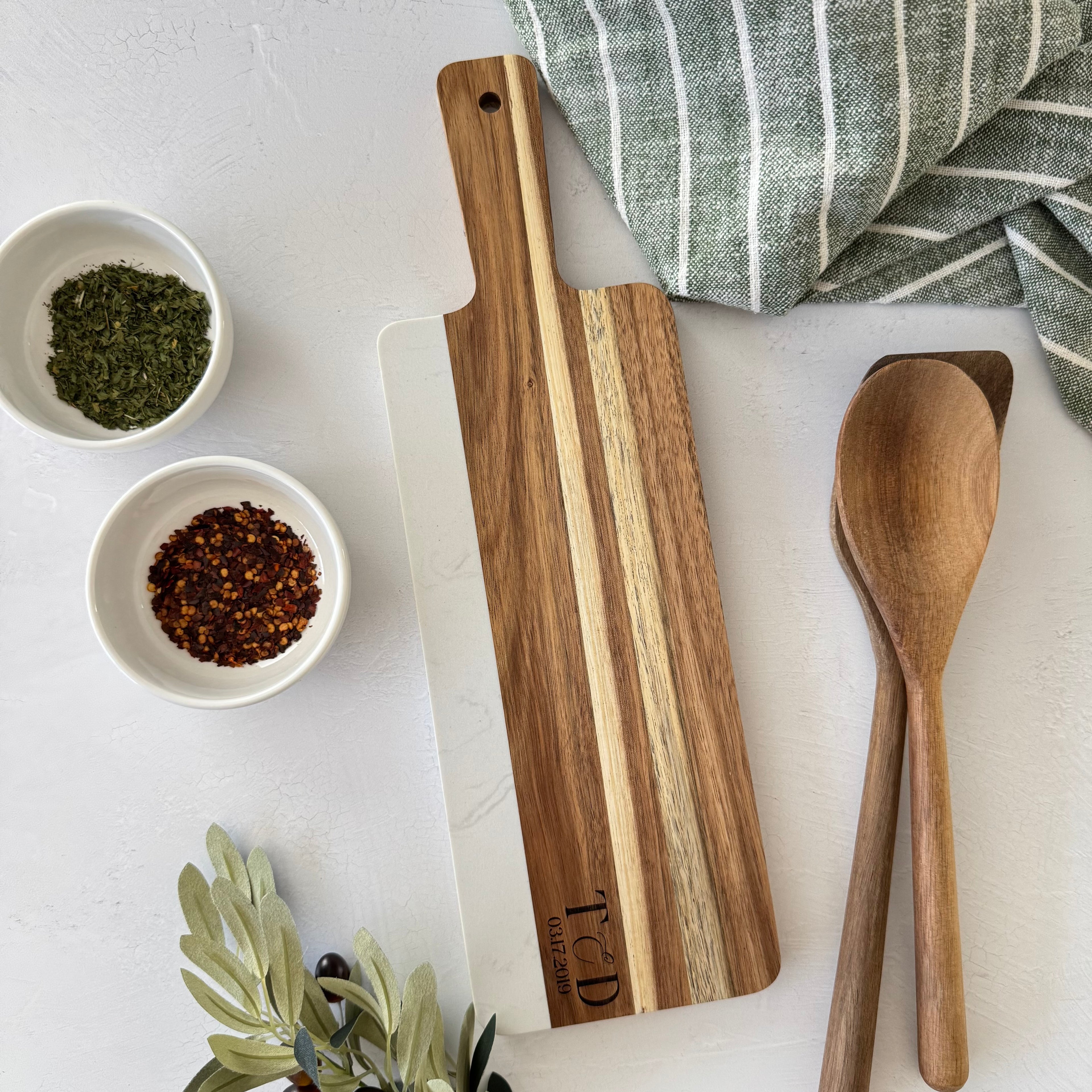 Personalized Marble and Wood Cutting Board Gift Set Bundle