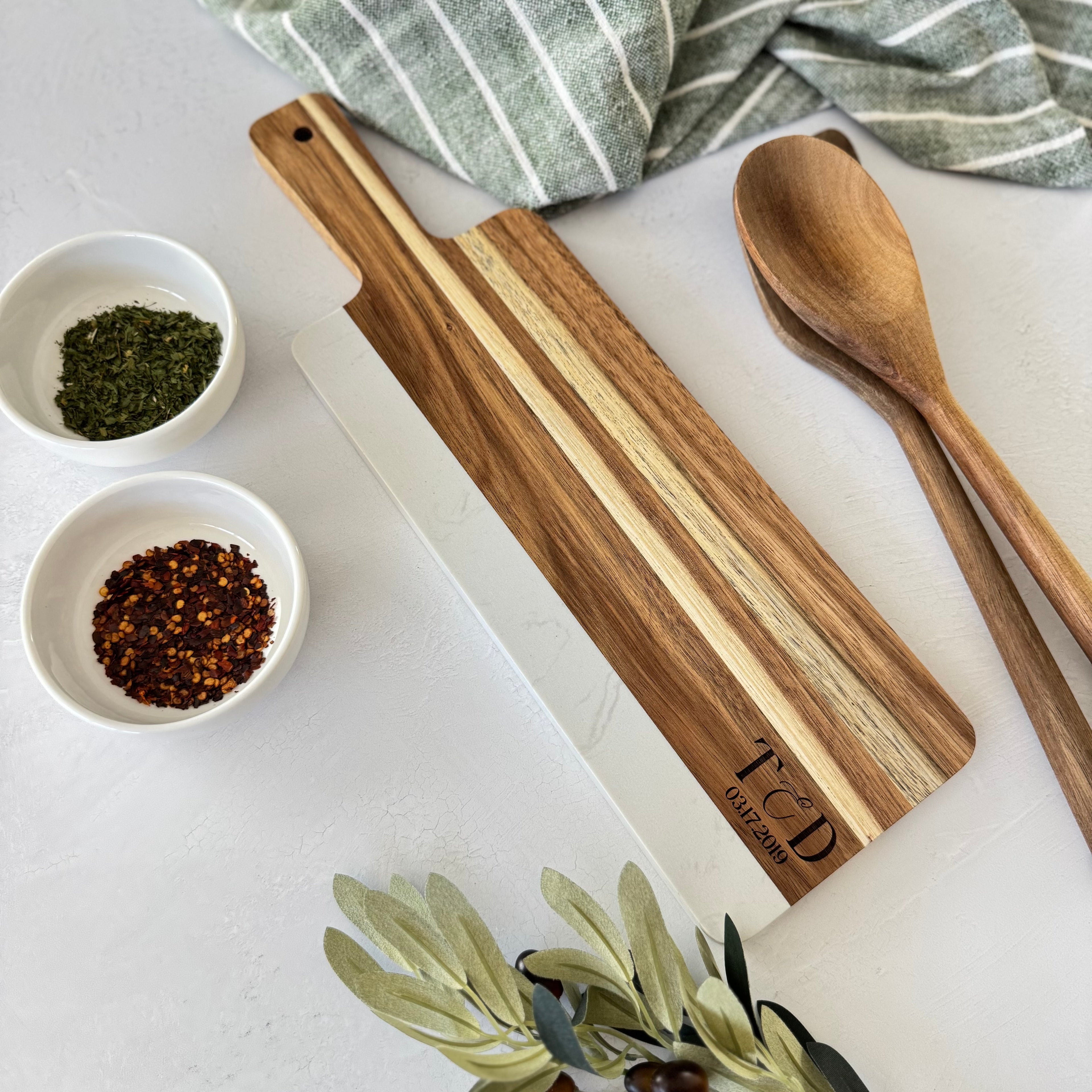 Personalized Marble and Wood Cutting Board Gift Set Bundle