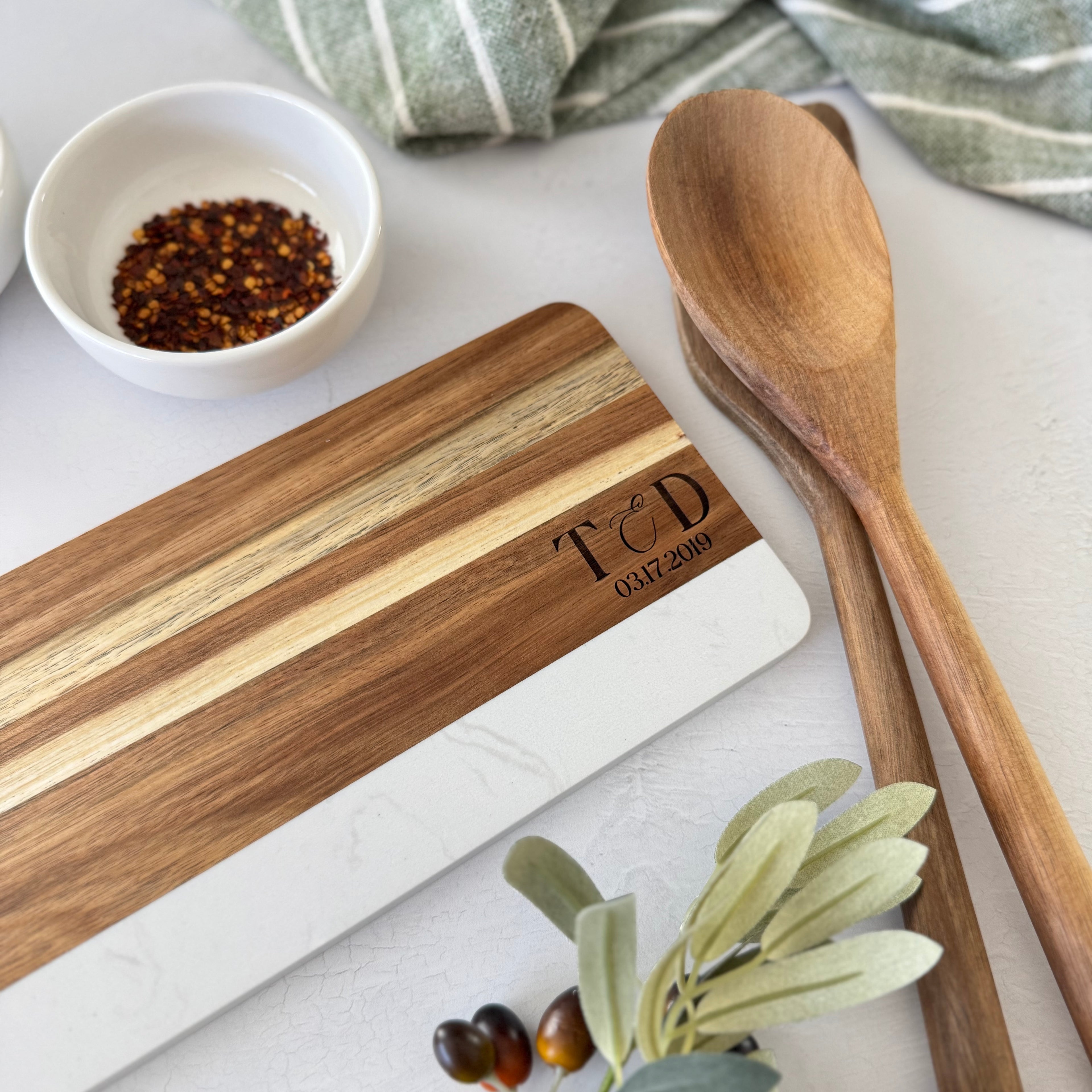 Personalized Marble and Wood Cutting Board Gift Set Bundle