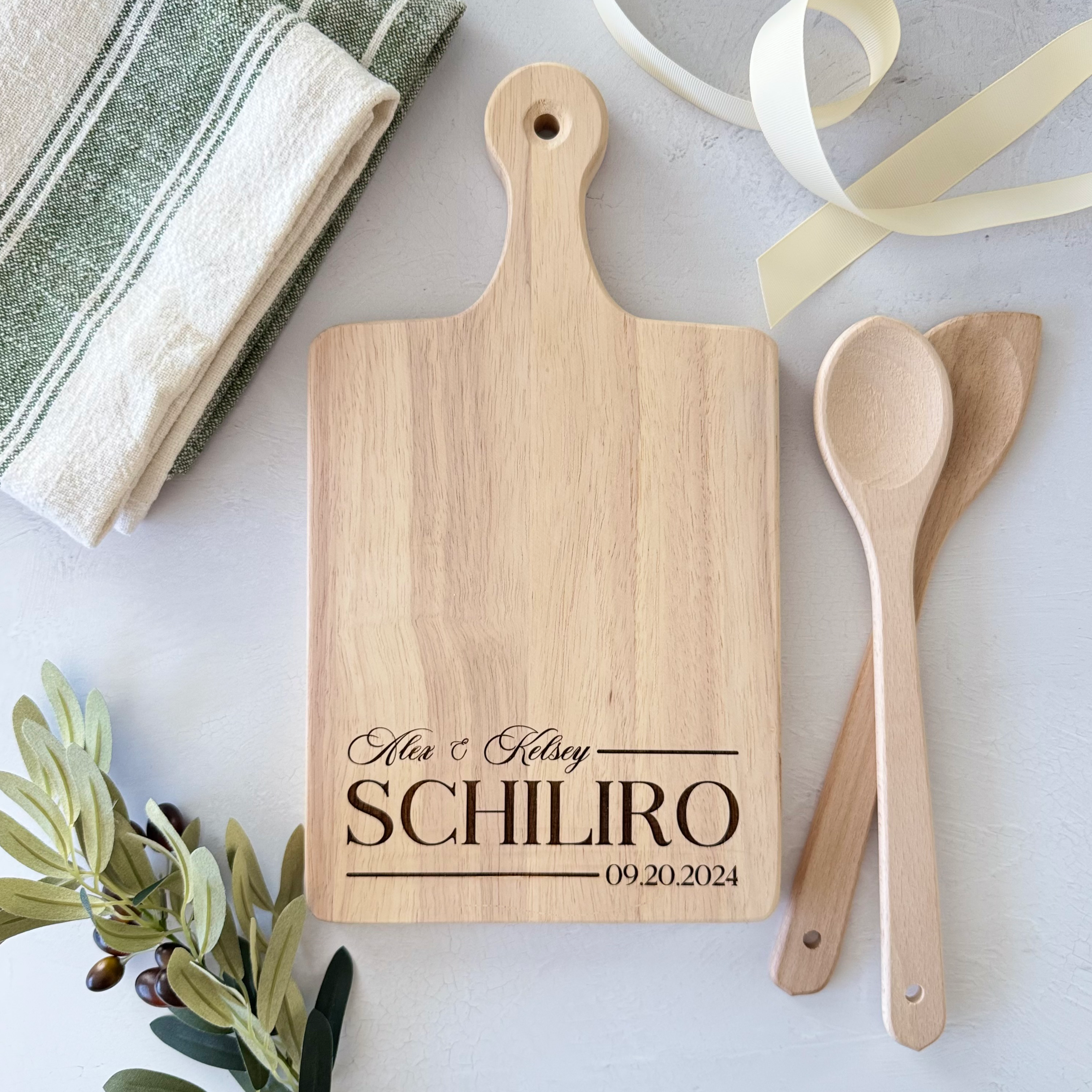 Custom Engraved Family Name and Date Serving Board with Handle Gift Set Bundle
