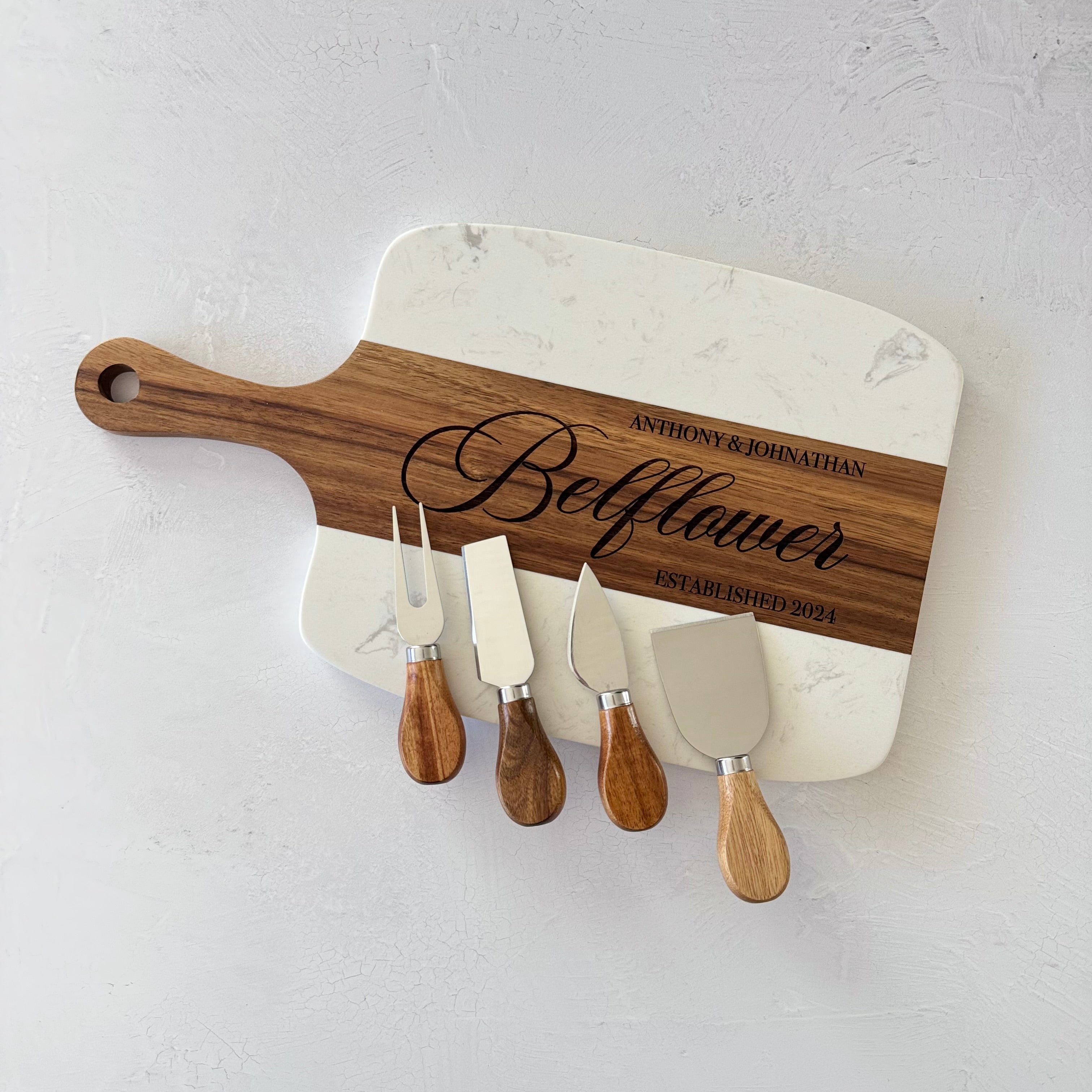 Personalized Marble and Wood Cheese Board Set