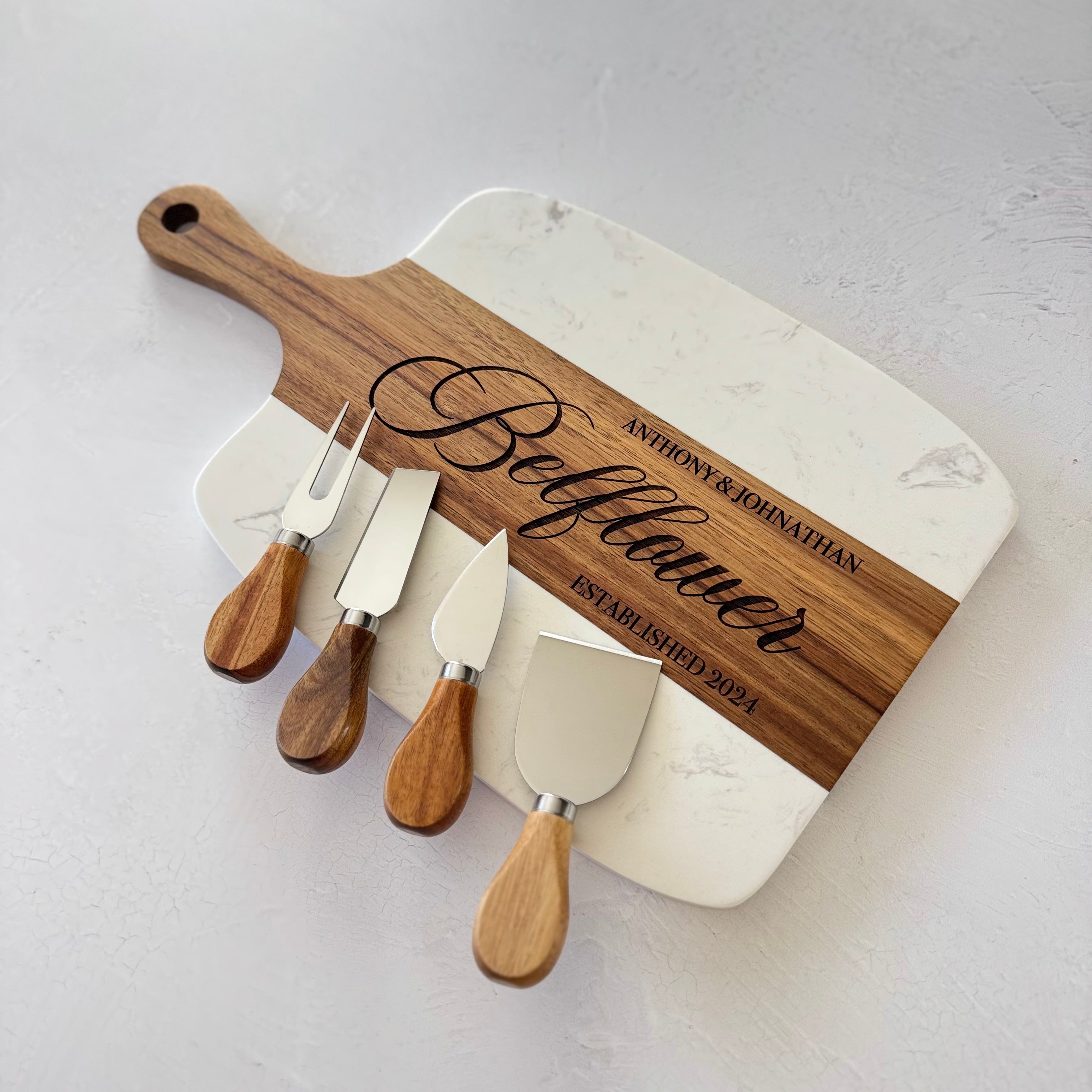 Personalized Marble and Wood Cheese Board Set