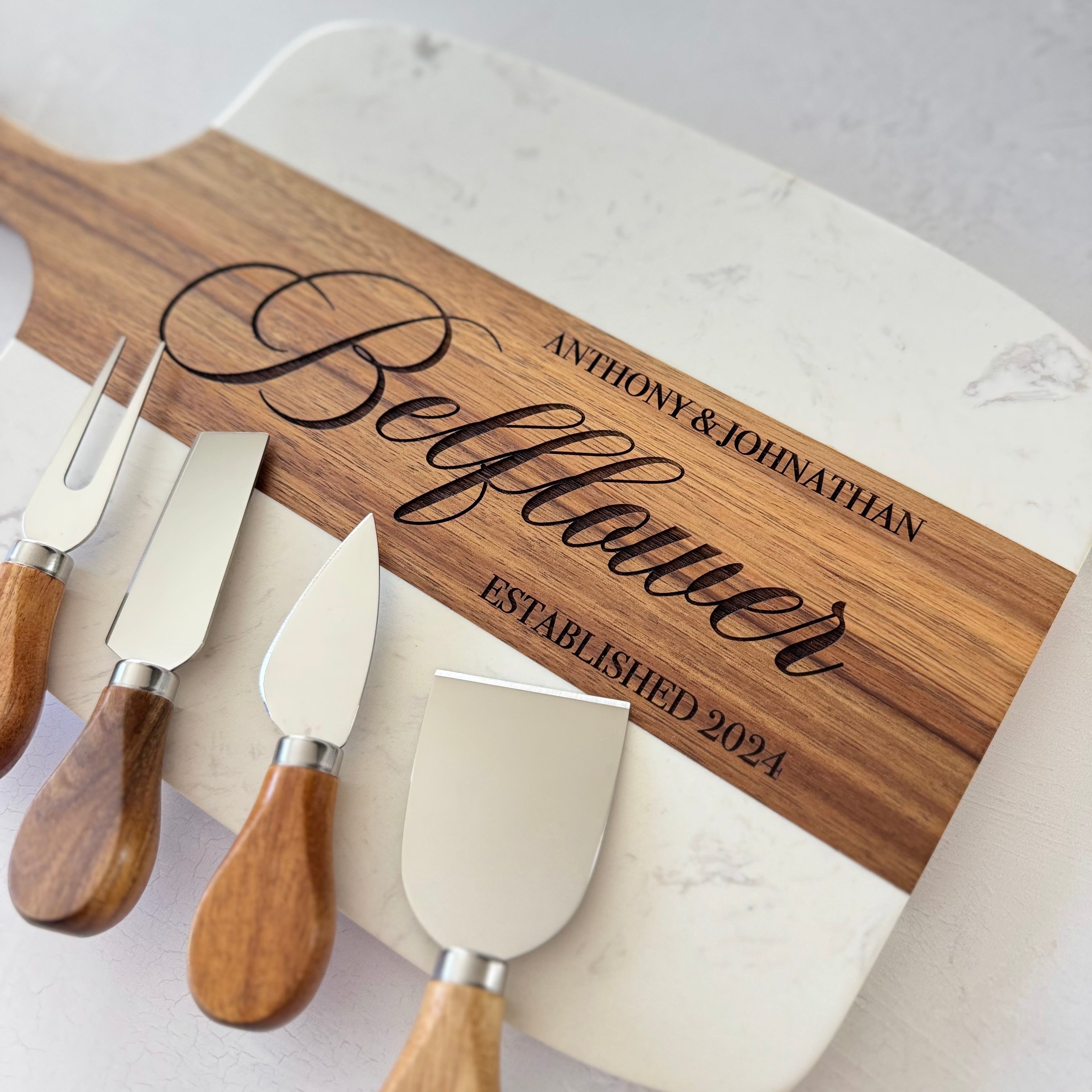 Personalized Marble and Wood Cheese Board Set
