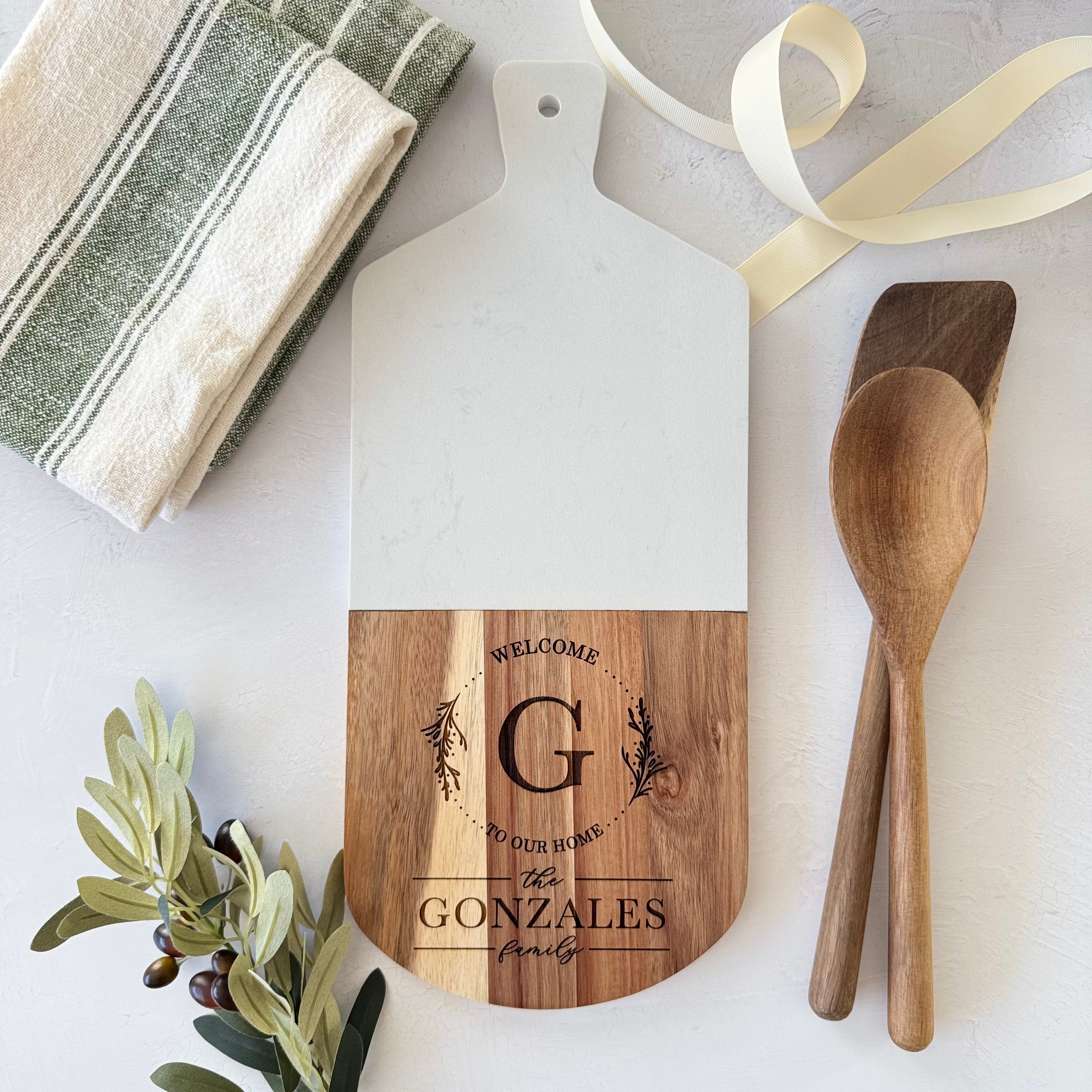 Personalized Marble and Wood Cutting Board Gift Set Bundle