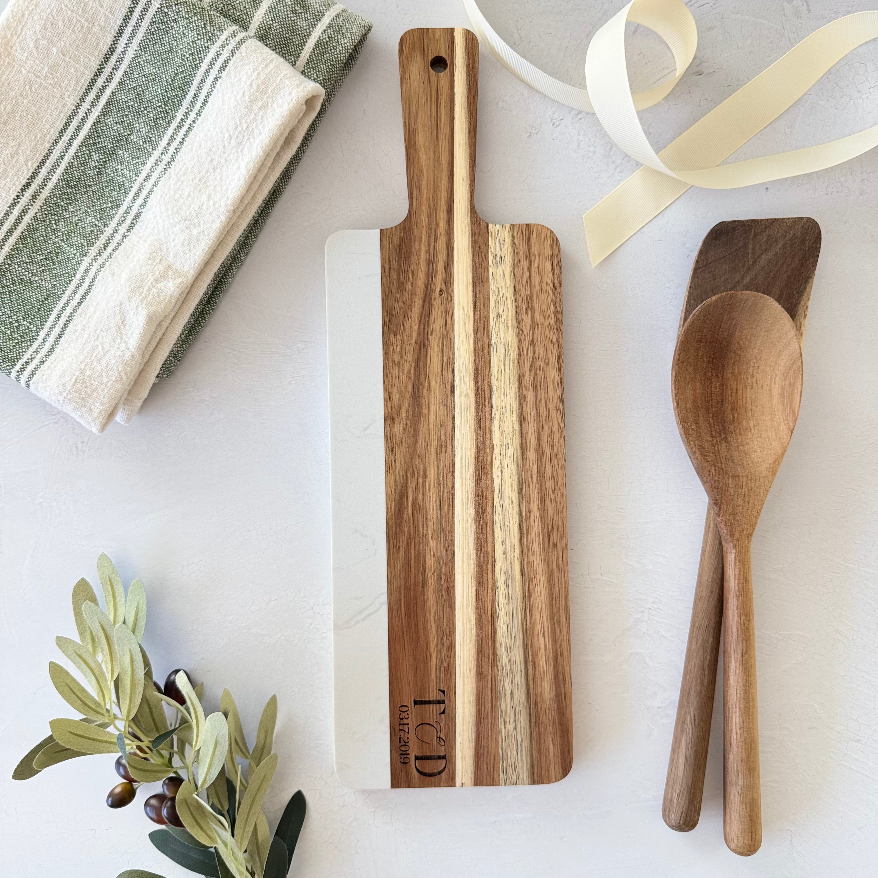 Personalized Marble and Wood Cutting Board Gift Set Bundle