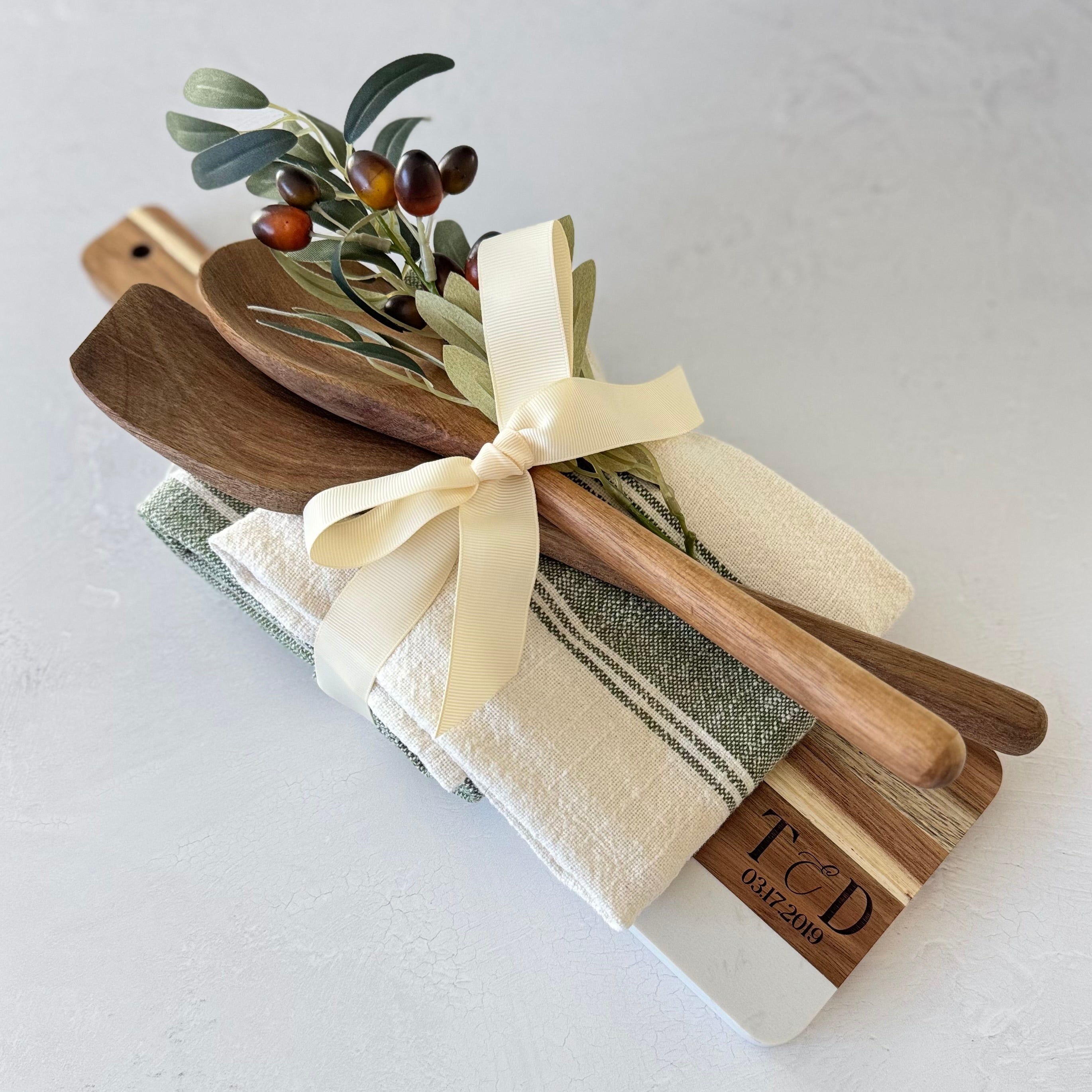 Personalized Marble and Wood Cutting Board Gift Set Bundle
