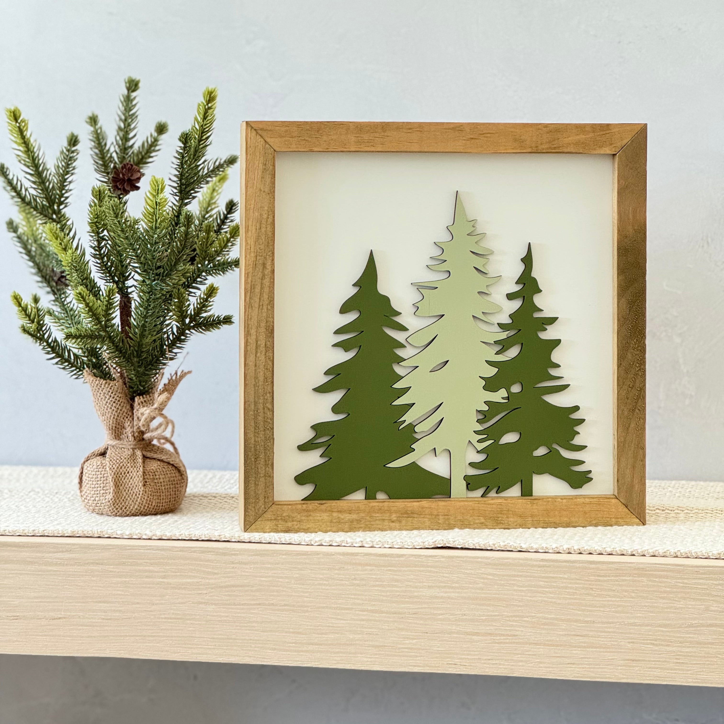 Wooden Framed Evergreen Trees Christmas Sign
